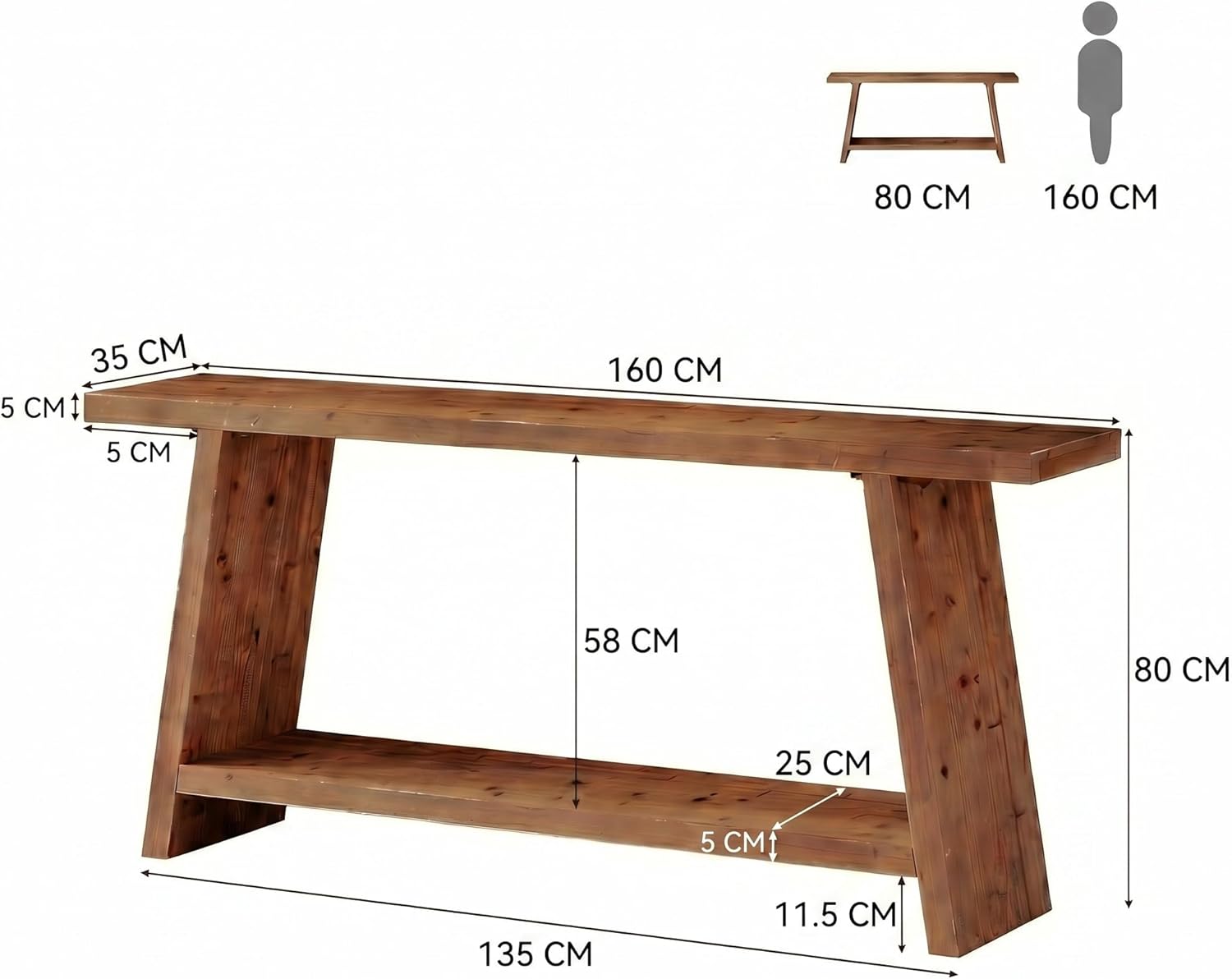Tribesigns Console longue de 160 cm, table étroite derrière canapé en bois massif avec 2 étagères