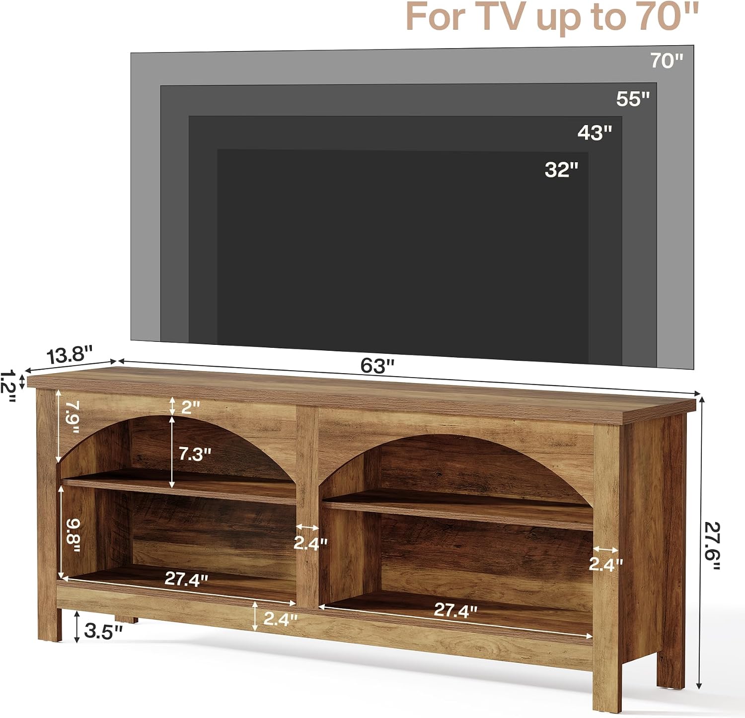 Meuble TV de 160 cm, Système de divertissement de style campagnard avec étagère à 2 niveaux