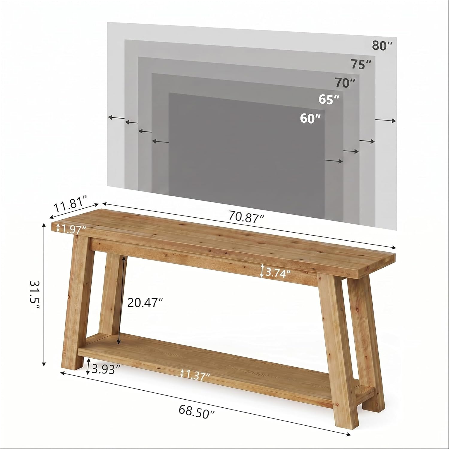 Meuble TV bas en bois massif de 180 cm pour téléviseurs de 65 à 80 pouces, Meuble multimédia de style champêtre