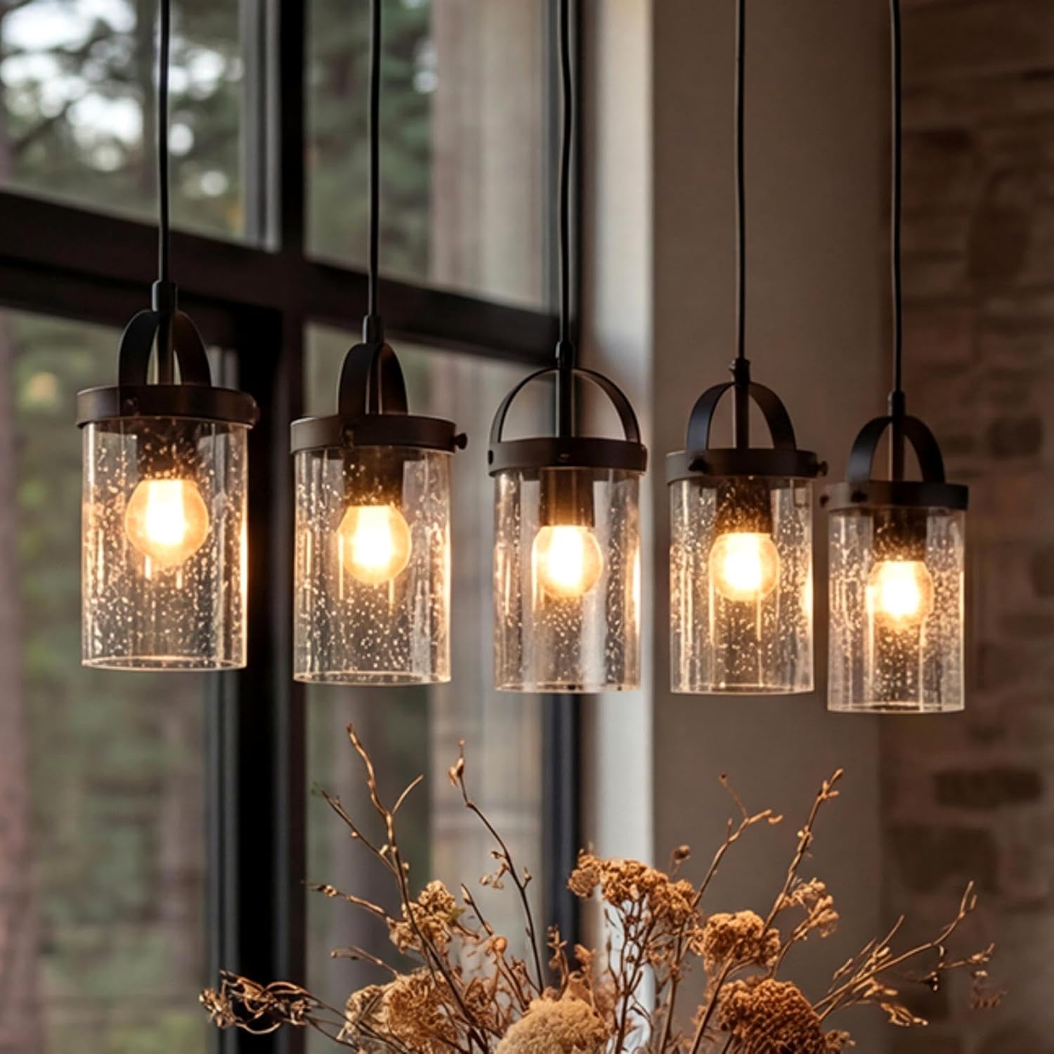 Tribesigns Lustre Linéaire Noir à 5 Lumières, Suspension pour Îlot de Cuisine avec Abat-Jour en Verre Soufflé, Hauteur Réglable, Culot E27