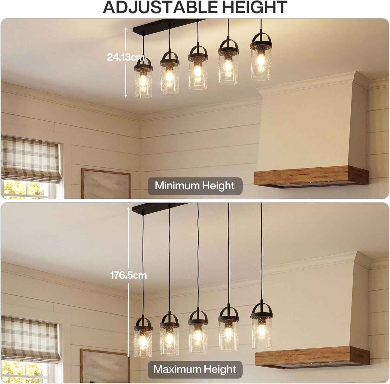 Tribesigns Lustre Linéaire Noir à 5 Lumières, Suspension pour Îlot de Cuisine avec Abat-Jour en Verre Soufflé, Hauteur Réglable, Culot E27