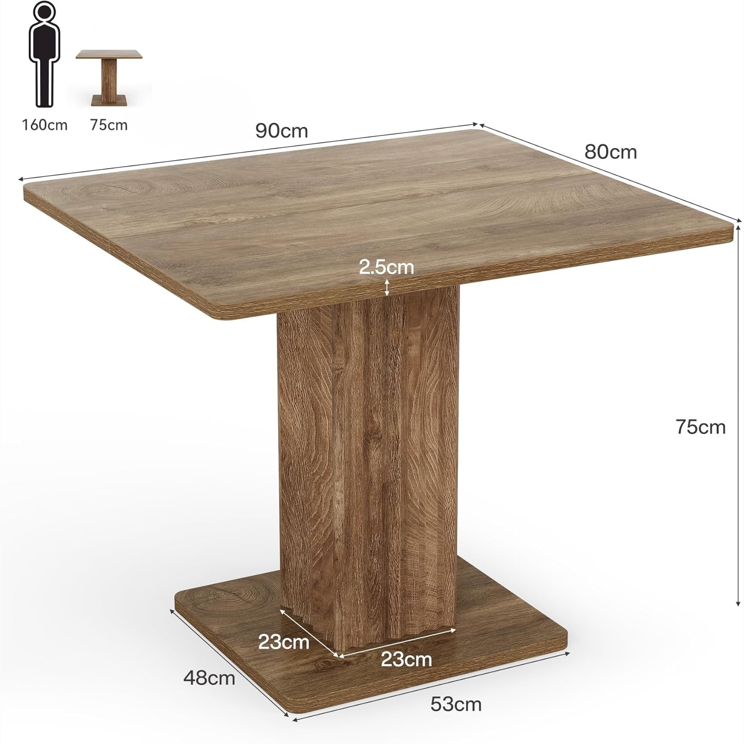 Table à manger compacte 90x80 cm pour 4 personnes avec un piètement robuste, Style champêtre, pour la cuisine et le salon