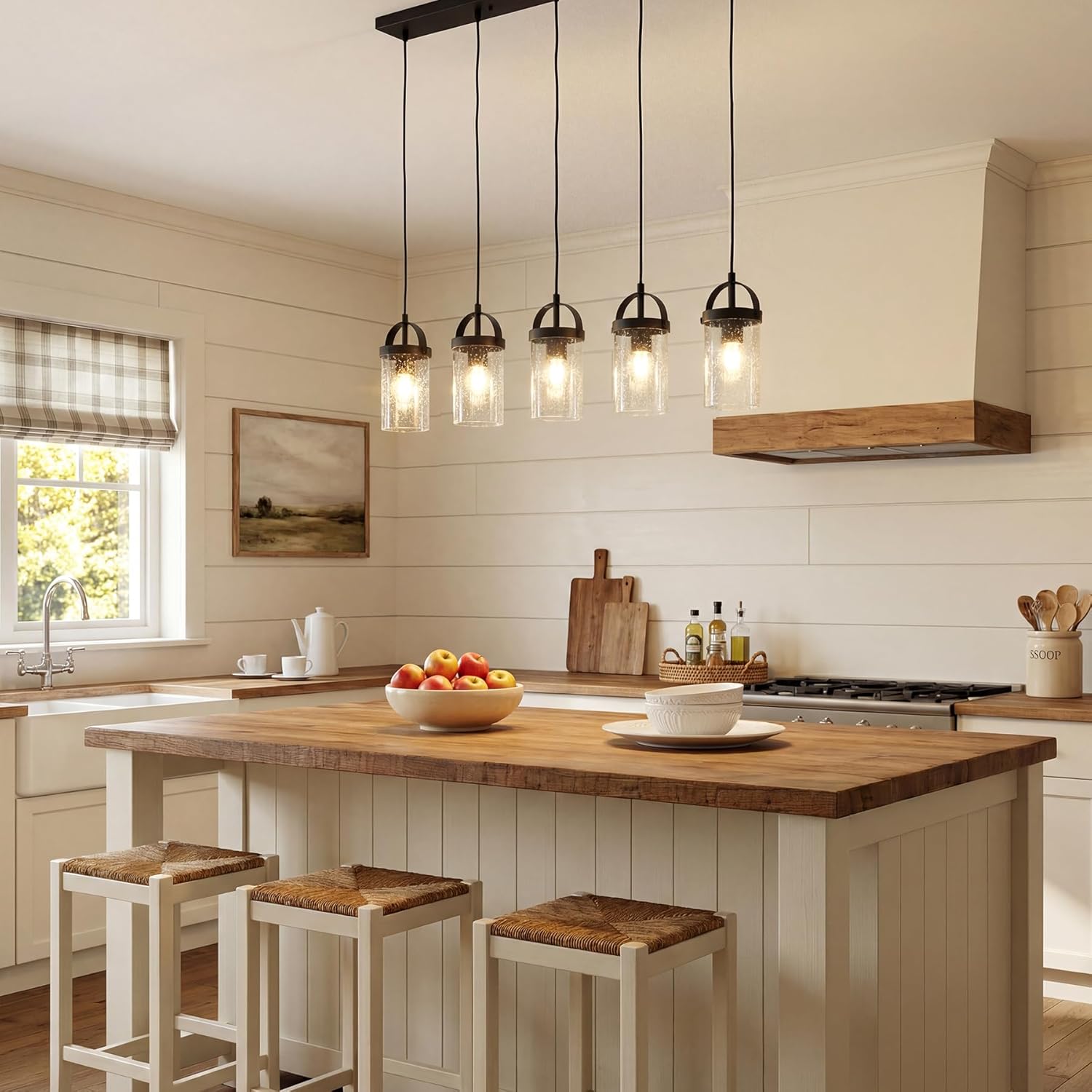 Tribesigns Lustre Linéaire Noir à 5 Lumières, Suspension pour Îlot de Cuisine avec Abat-Jour en Verre Soufflé, Hauteur Réglable, Culot E27