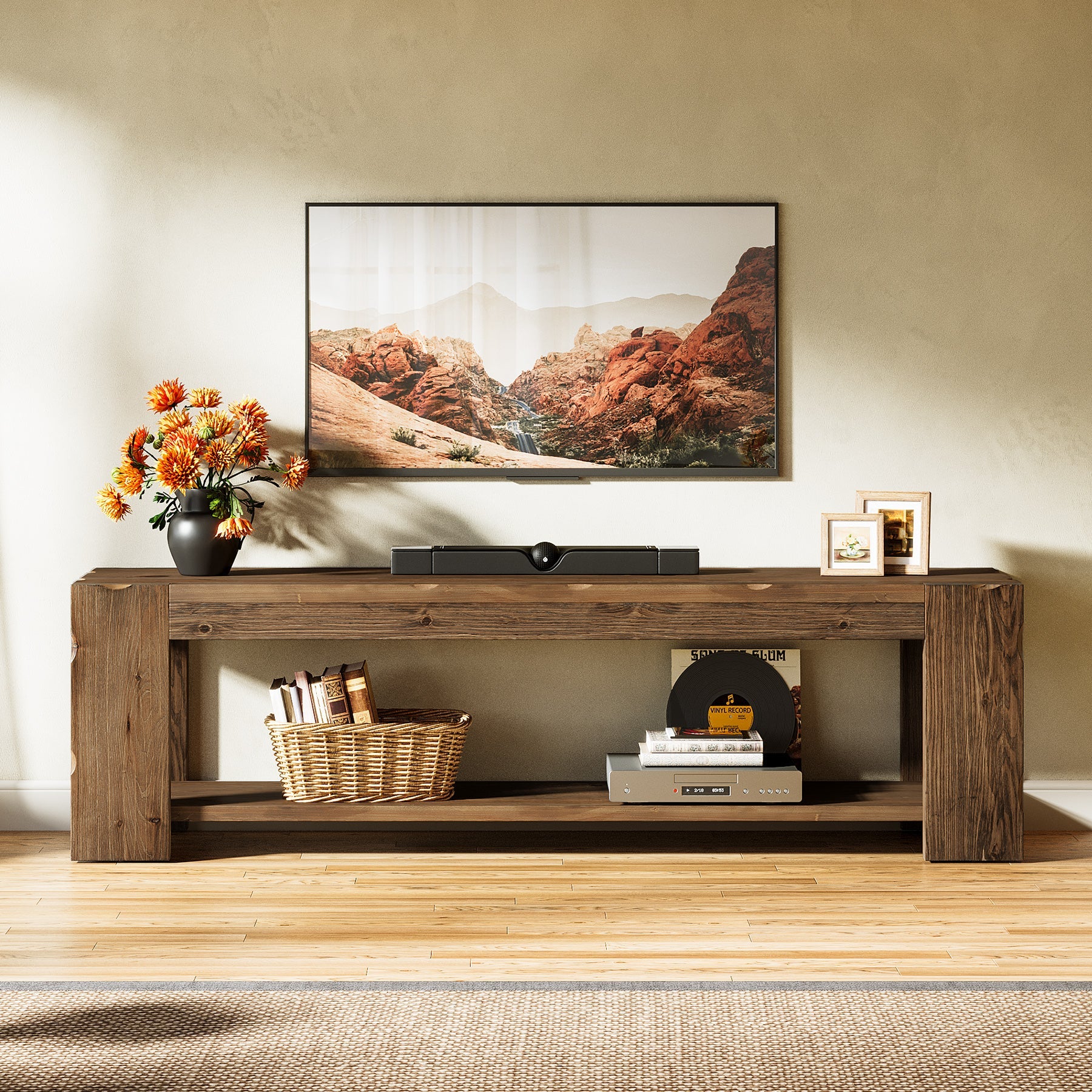 Tribesigns Meuble TV en Bois Massif 140 cm à 2 Niveaux pour TV jusqu’à 60 Pouces
