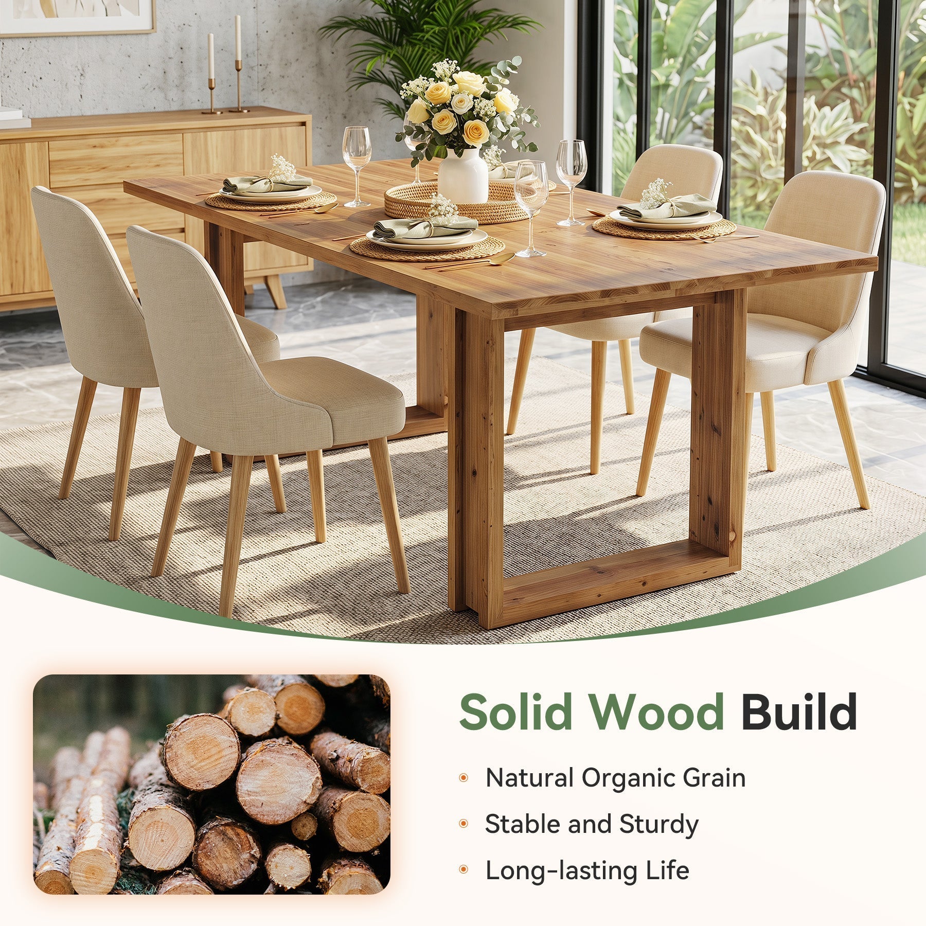 Table de salle à manger en bois massif de 160 cm pour 4 à 6 personnes, Table de cuisine rectangulaire de style champêtre