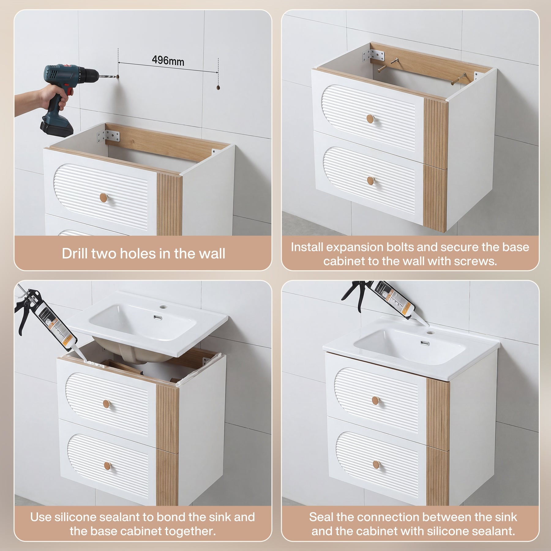 Tribesigns Meuble de Salle de Bain Suspendu 60 cm avec Vasque en Céramique, Blanc, 2 Tiroirs