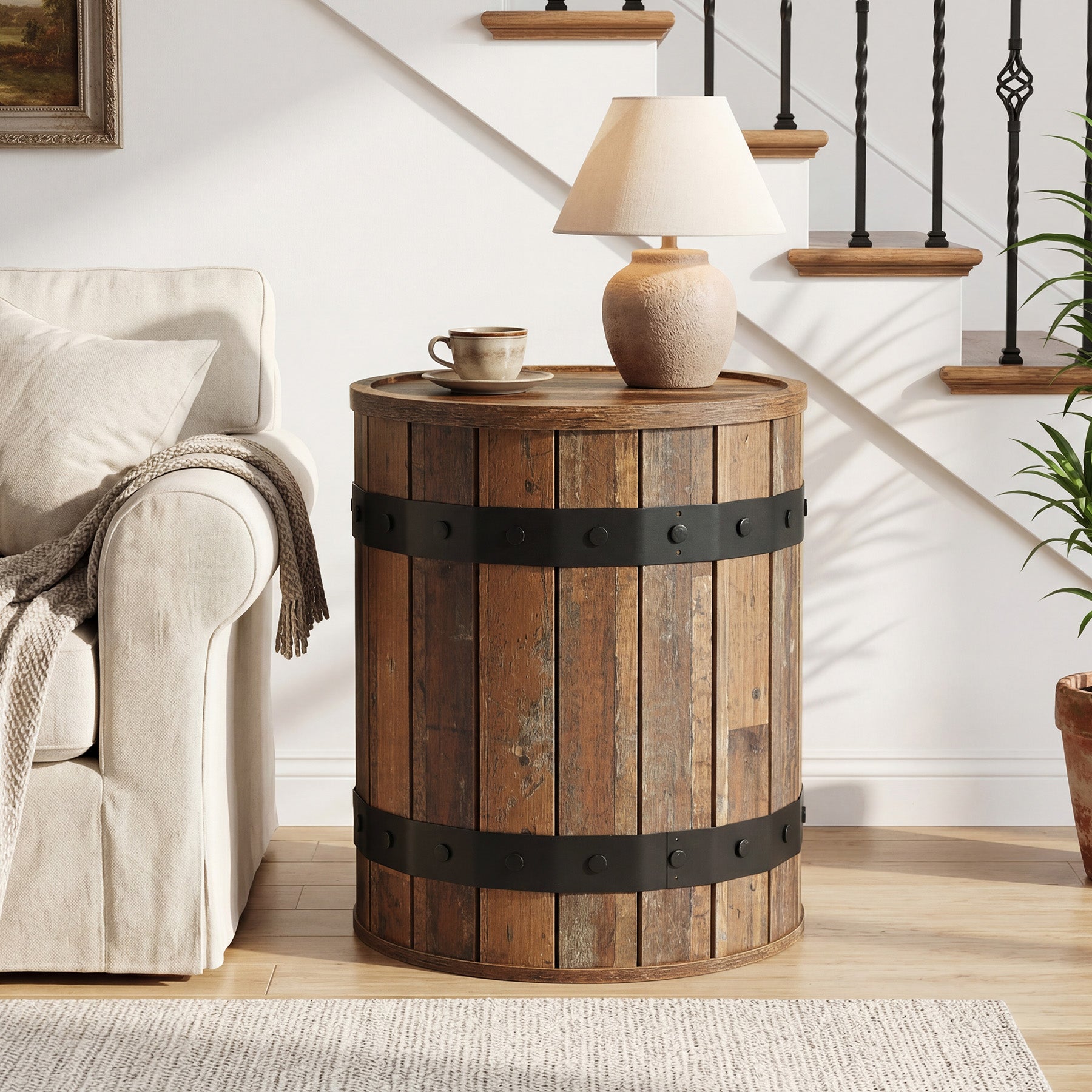 Tribesigns Table d’Appoint Ronde Forme Tonneau avec Rangement, Ø 50 cm, pour Salon et Chambre