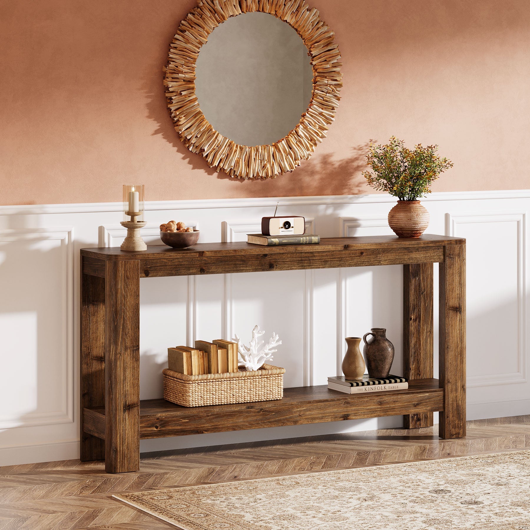 Tribesigns Console en bois massif de 160 cm, Table d'appoint étroite style ferme avec étagère