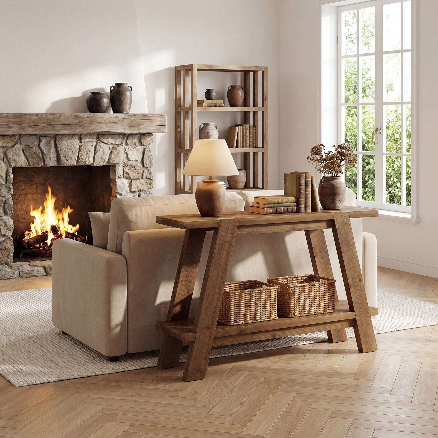 Tribesigns Console étroite en bois massif de 110 cm de long, Style campagnard Table basse avec 2 étagères