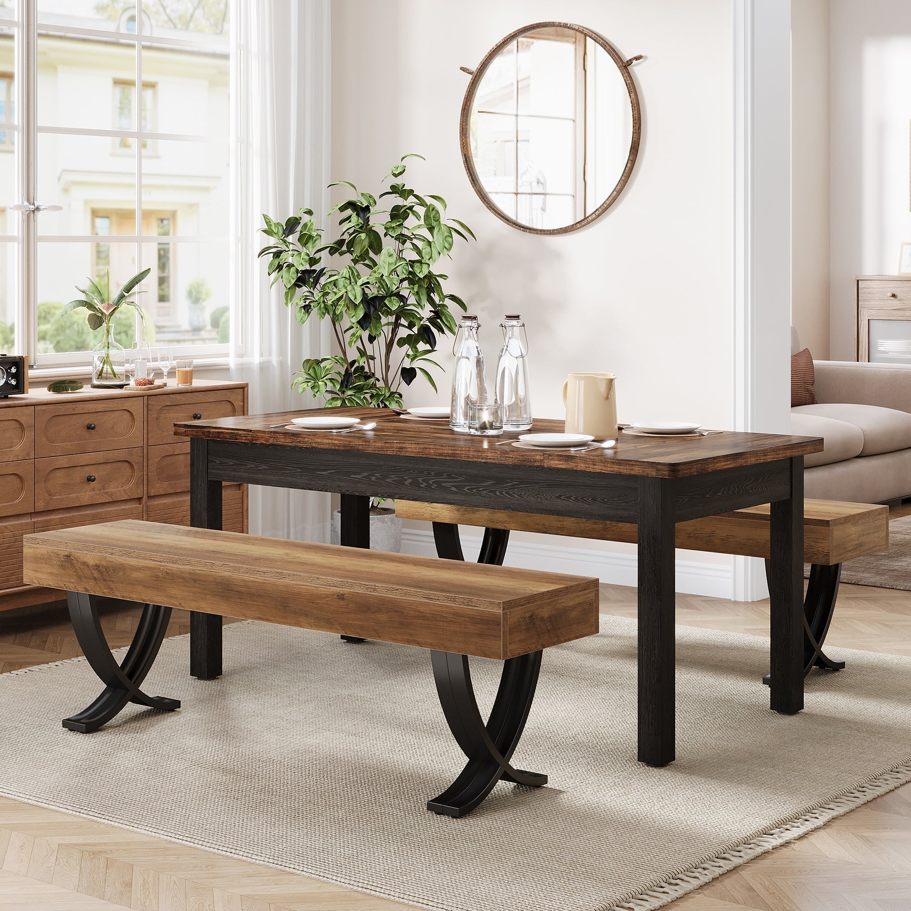 Tribesigns Banc de salle à manger rustique de 140 cm avec plateau imitation bois et pieds en X en métal, Long banc de cuisine pour salle à manger et couloir (banc uniquement)
