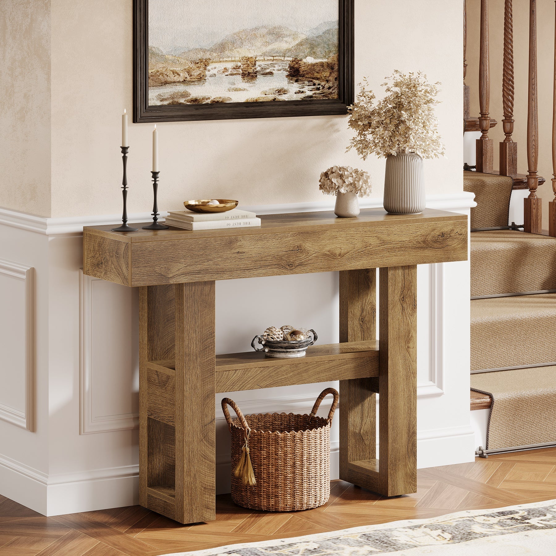 Tribesigns Farmhouse Smalle 2-laags consoletafel, Entreetable met opbergvakken