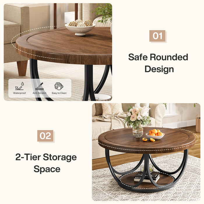Tribesigns Table basse ronde de 80 cm avec étagère, Table de salon à deux niveaux de style industriel avec structure en métal