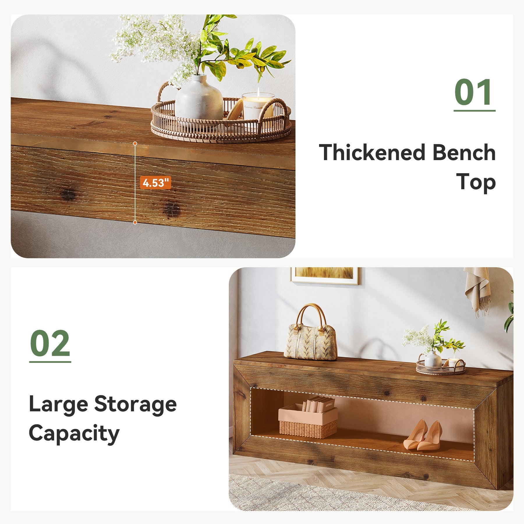 Tribesigns Banc d’Entrée en Bois Massif de 120 cm avec Étagère de Rangement, Style Rustique