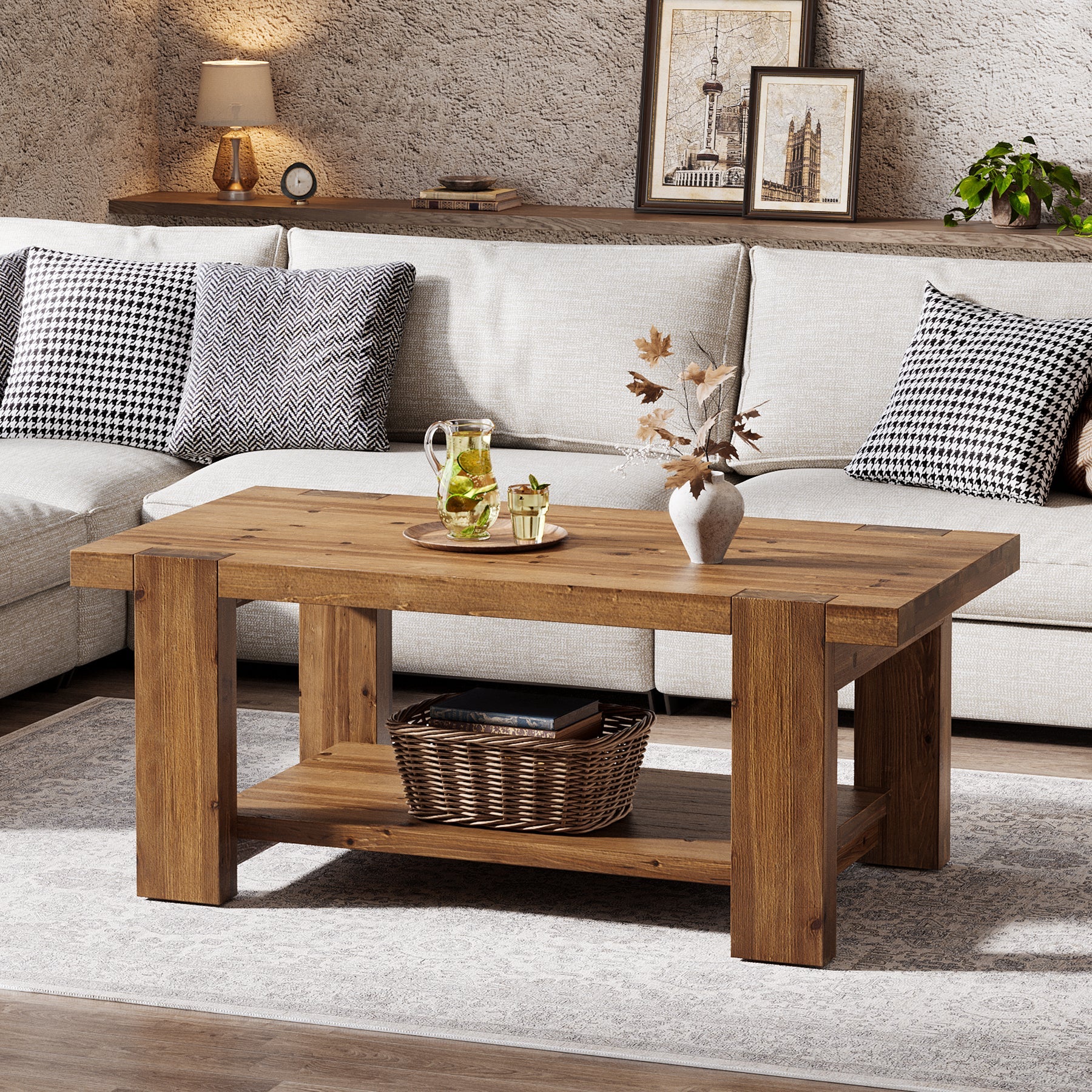 Tribesigns Table Basse Rectangulaire en Bois Massif de 120 cm avec Étagère