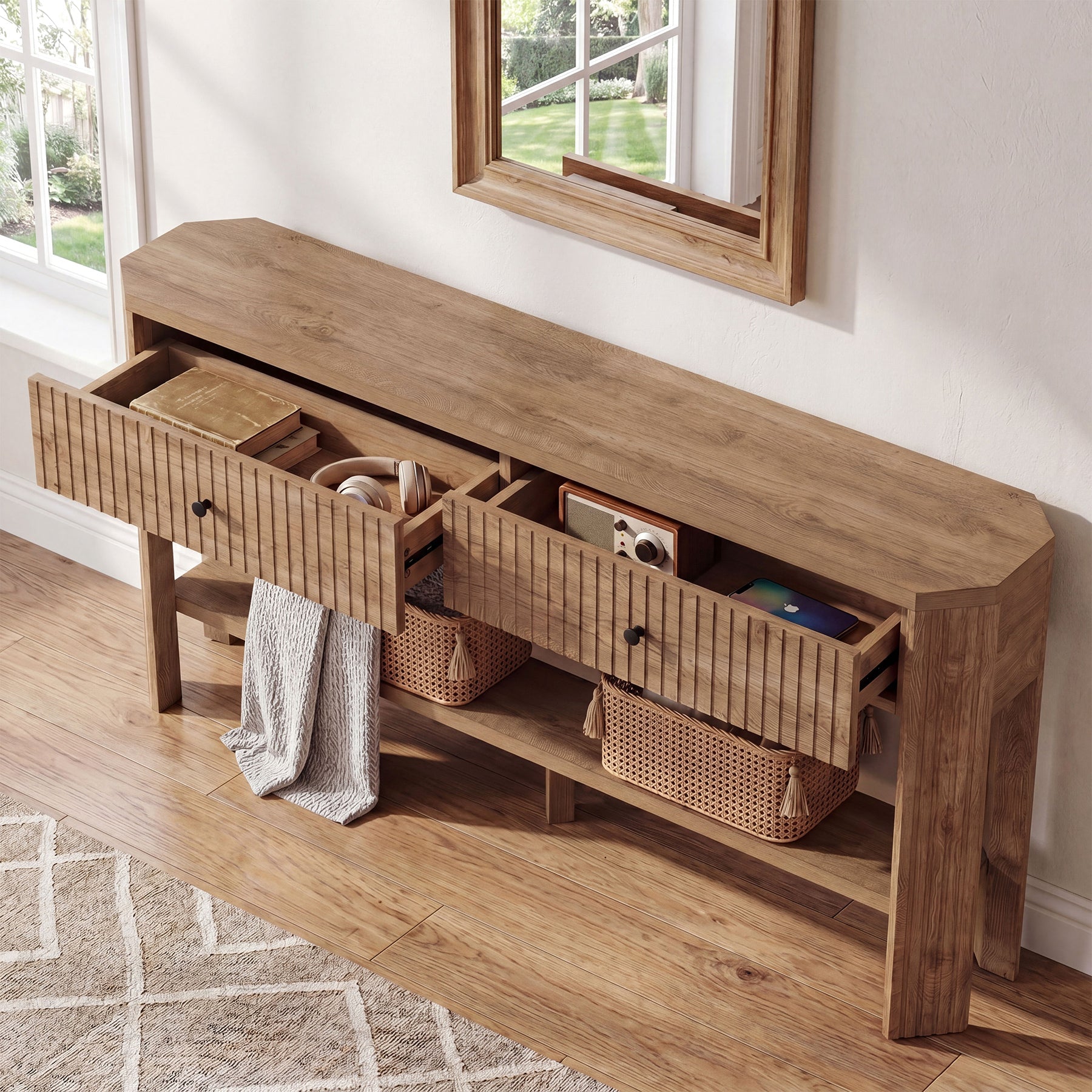 Console de 150 cm avec 2 tiroirs, Table d'entrée étroite et moderne avec étagère et rangement