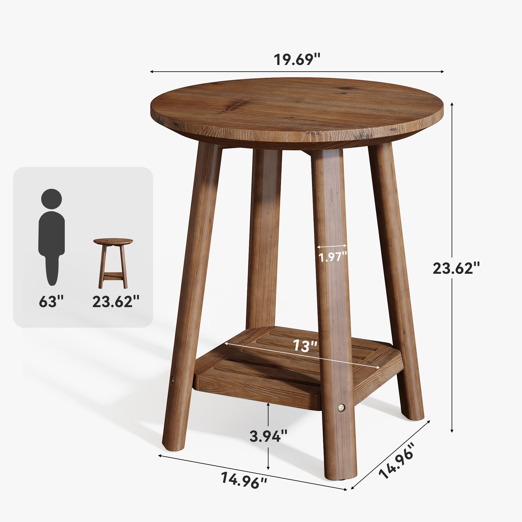 Tribesigns Table d’Appoint Ronde en Bois Massif, Petite Table de Chevet à 2 Niveaux