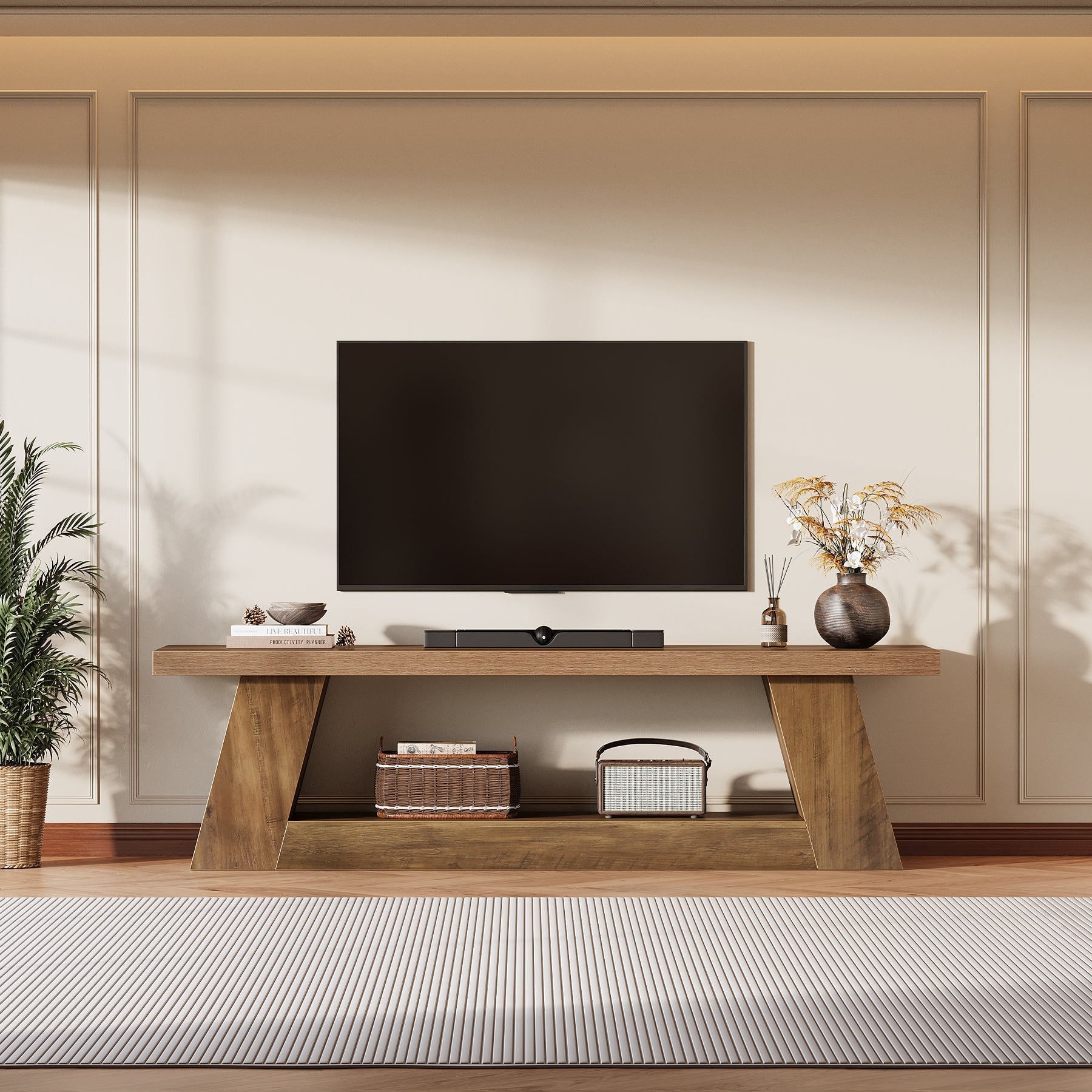 Tribesigns TV-meubel laag 160 cm voor televisies, rustieke stijl met open planken