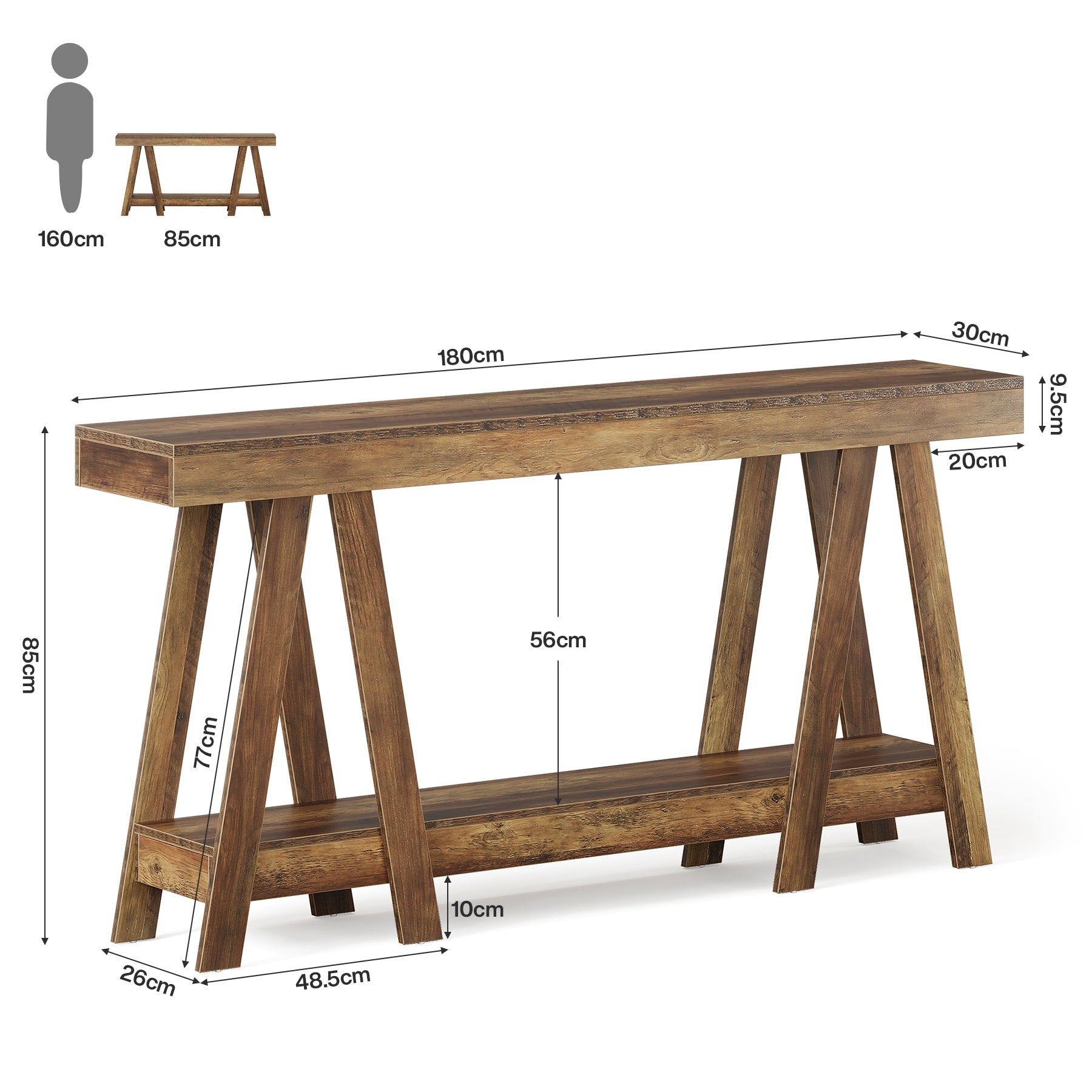 Tribesigns 180 cm Landelijke Consolle Tafel, Smalle Haltafel met 2 Niveaus