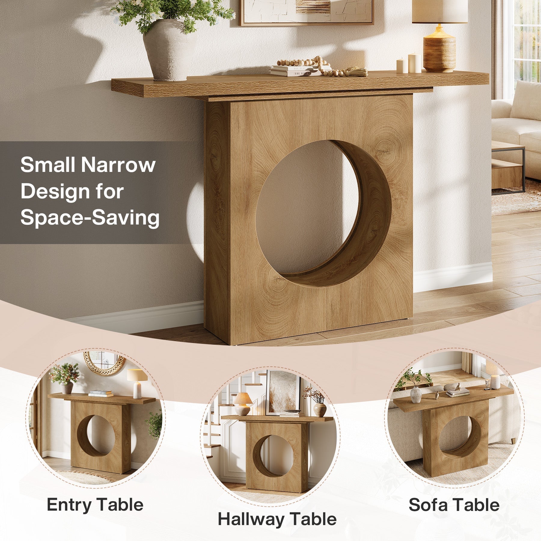 Tribesigns Console rustique de 105 cm avec design ajouré rond, Table d'entrée étroite pour salon