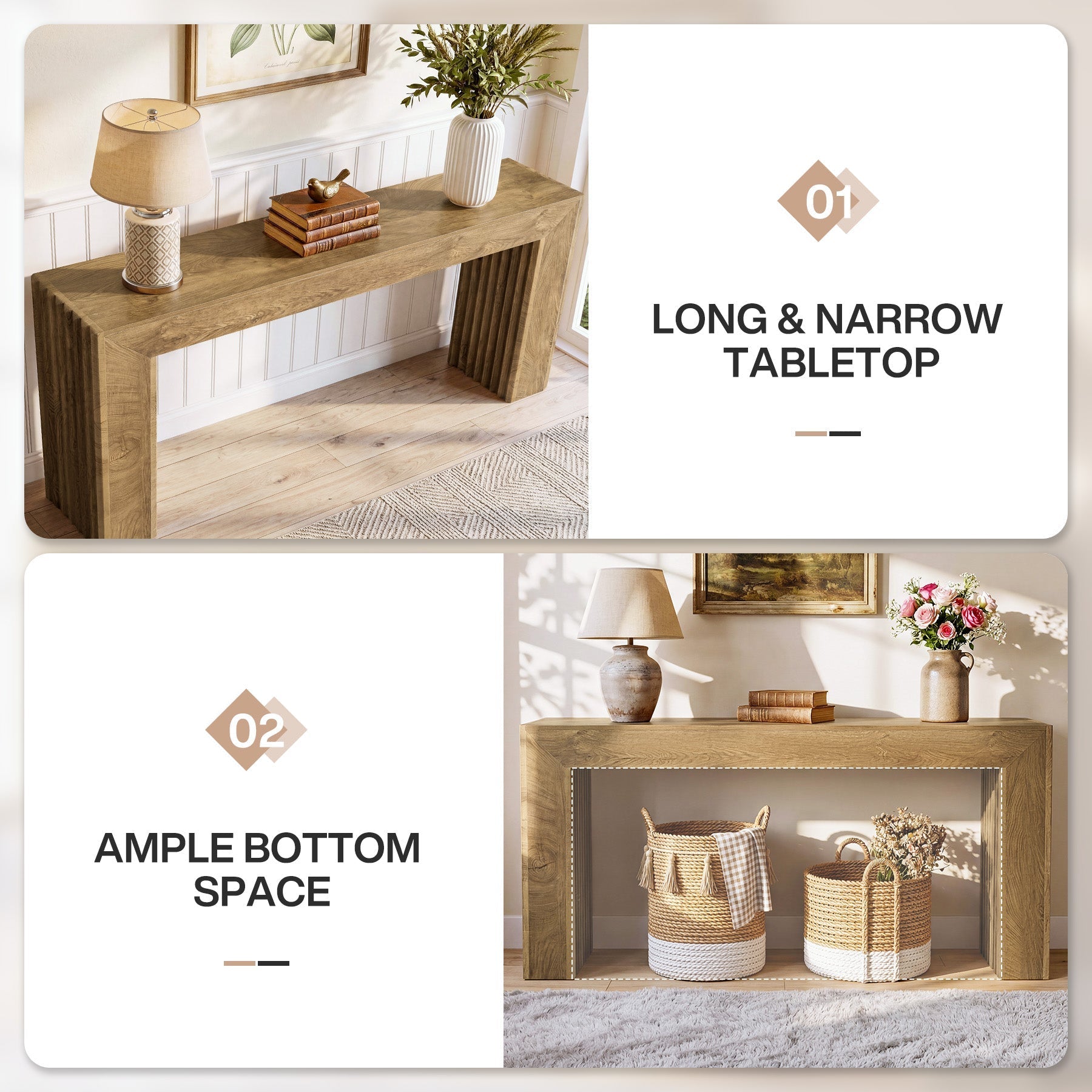 Console de 160 cm avec pieds colonnes cannelés, Table d'entrée étroite de style romain