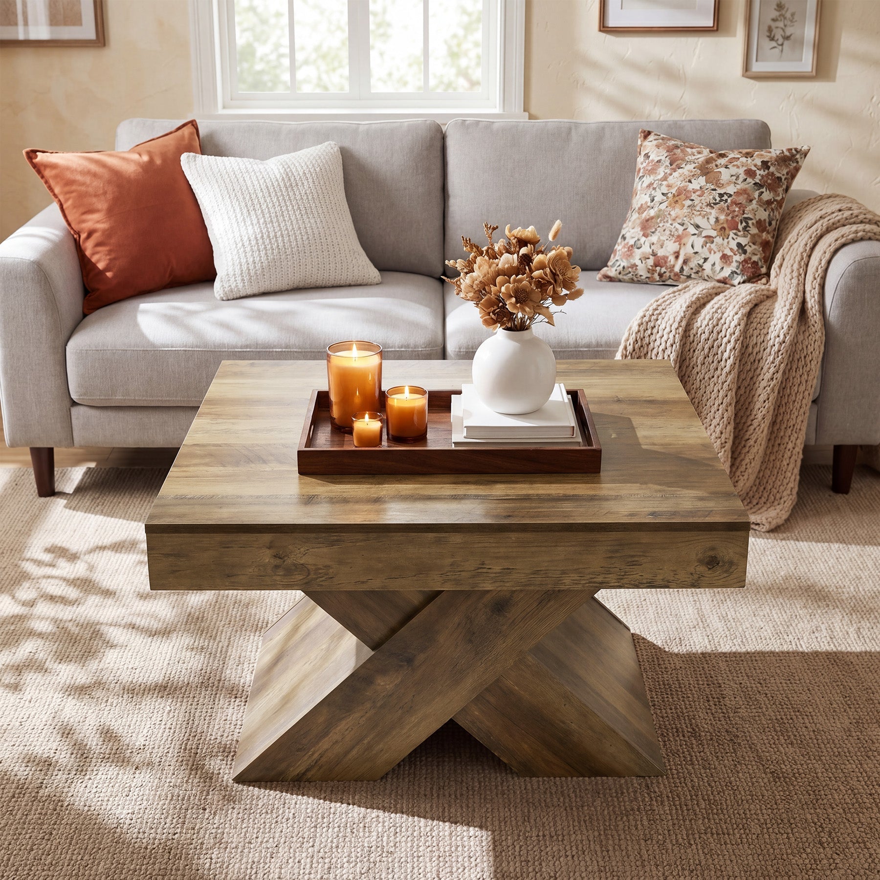 Tribesigns Table Basse Carrée de 80 cm, Table Rustique pour Petits Espaces avec Base en X