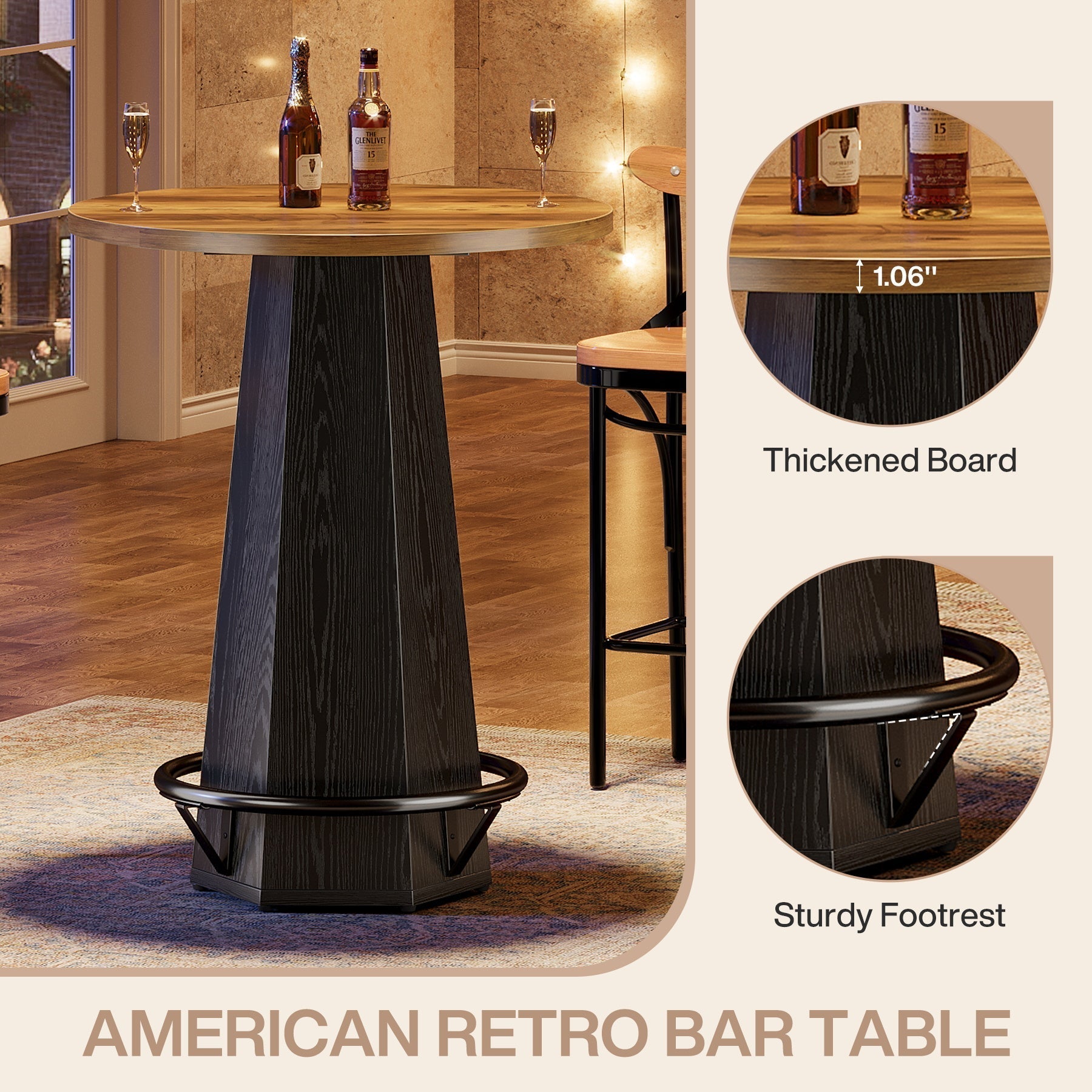 Tribesigns Table de bar ronde de 100 cm pour 2 personnes, Table à manger industrielle avec repose-pieds