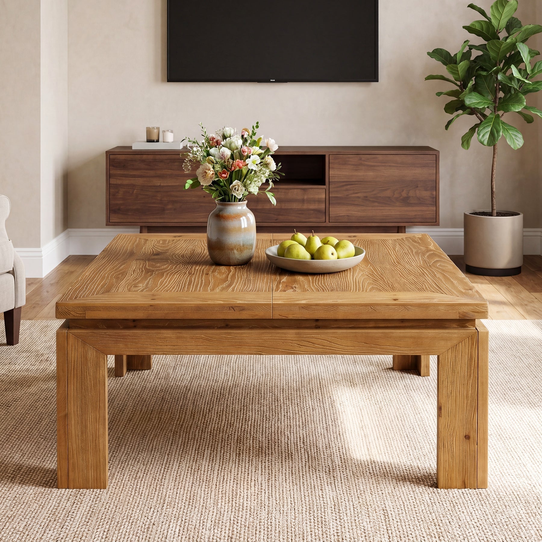Tribesigns Table basse carrée en bois massif 100 x 100 x 46 cm avec bord en retrait, Style rustique, idéale pour le salon