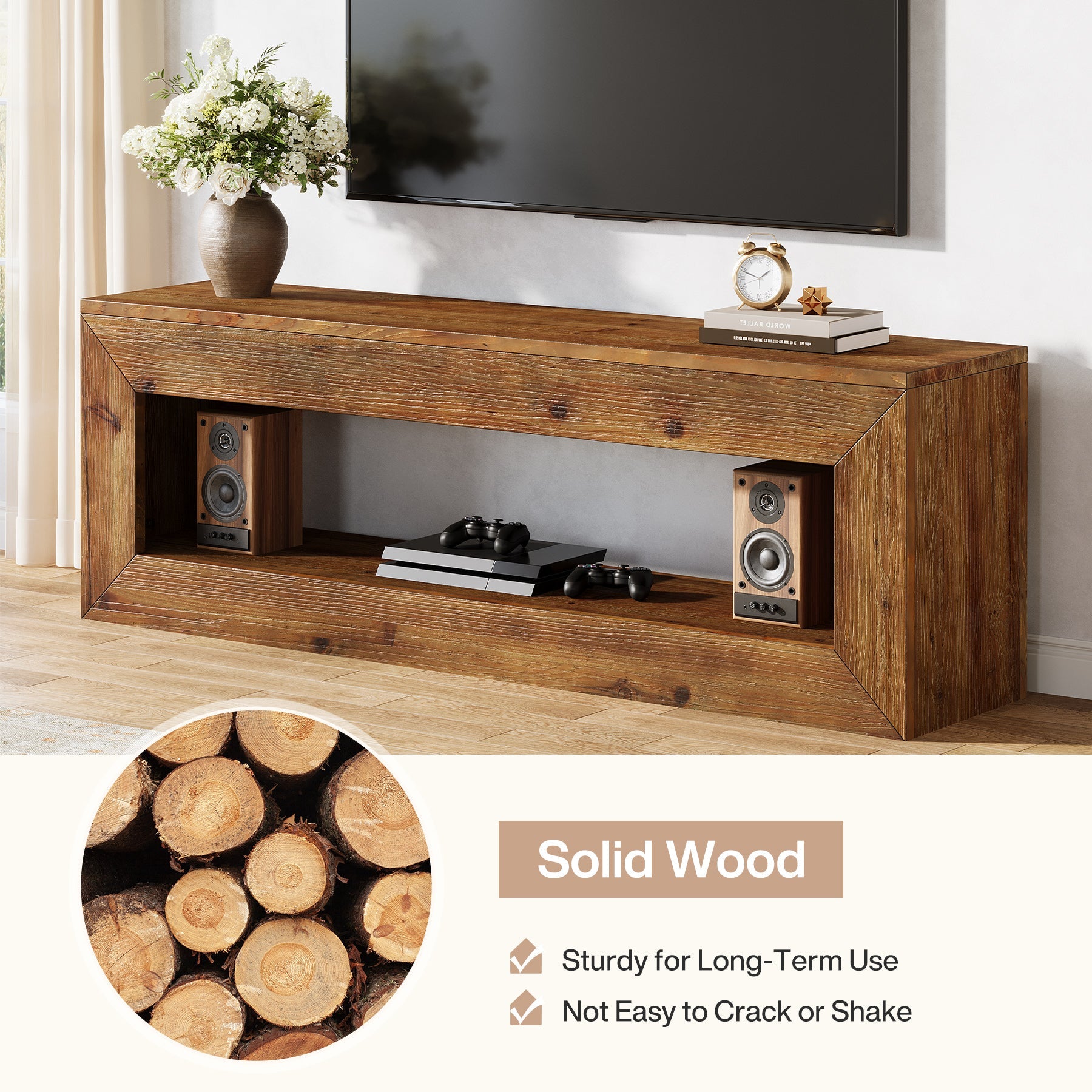 Tribesigns Meuble TV de 120 cm en Bois Massif avec Rangement, Meuble Bas Rustique pour Équipements Multimédias