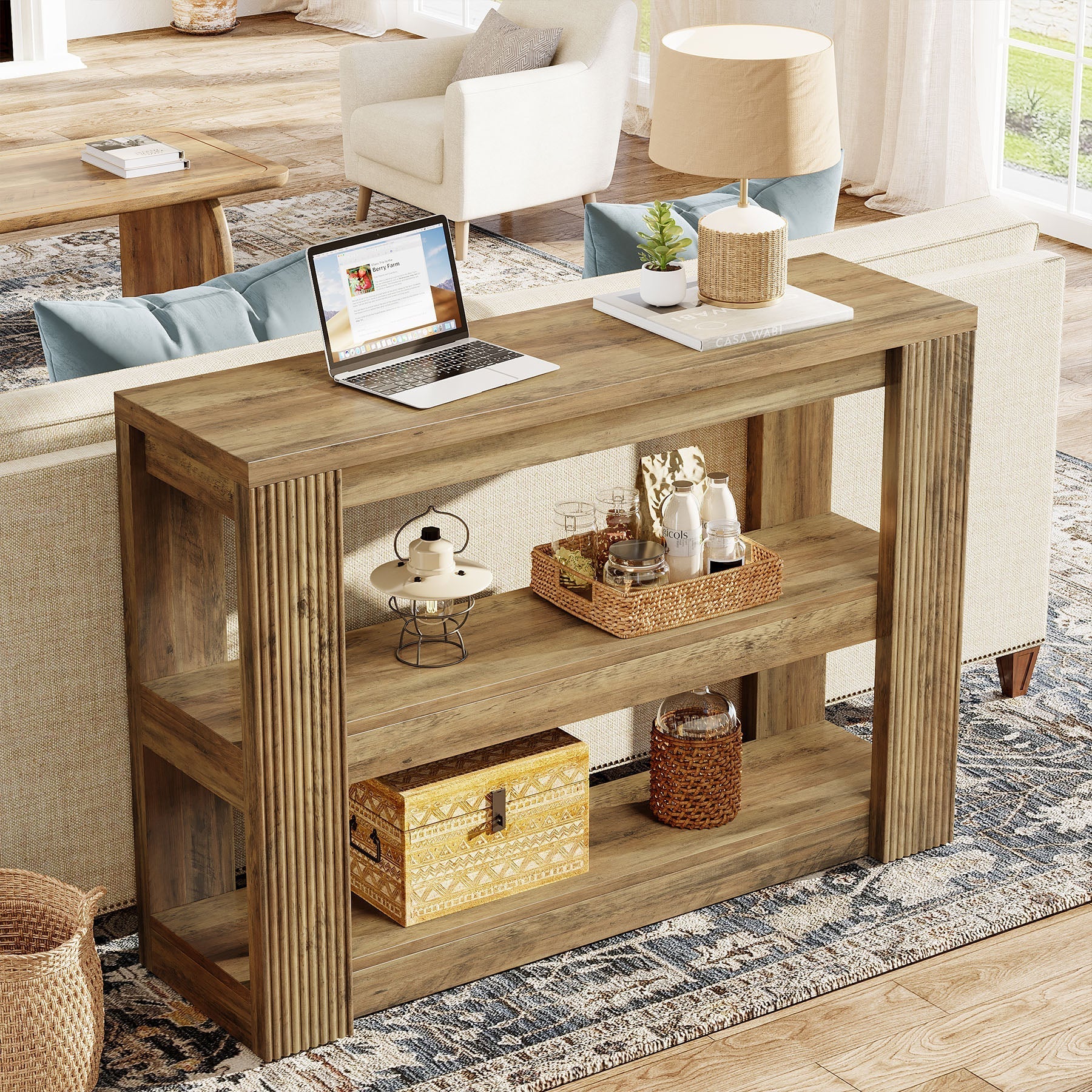 Tribesigns Console étroite 105 cm, Table basse de style campagnard à 3 niveaux avec étagères