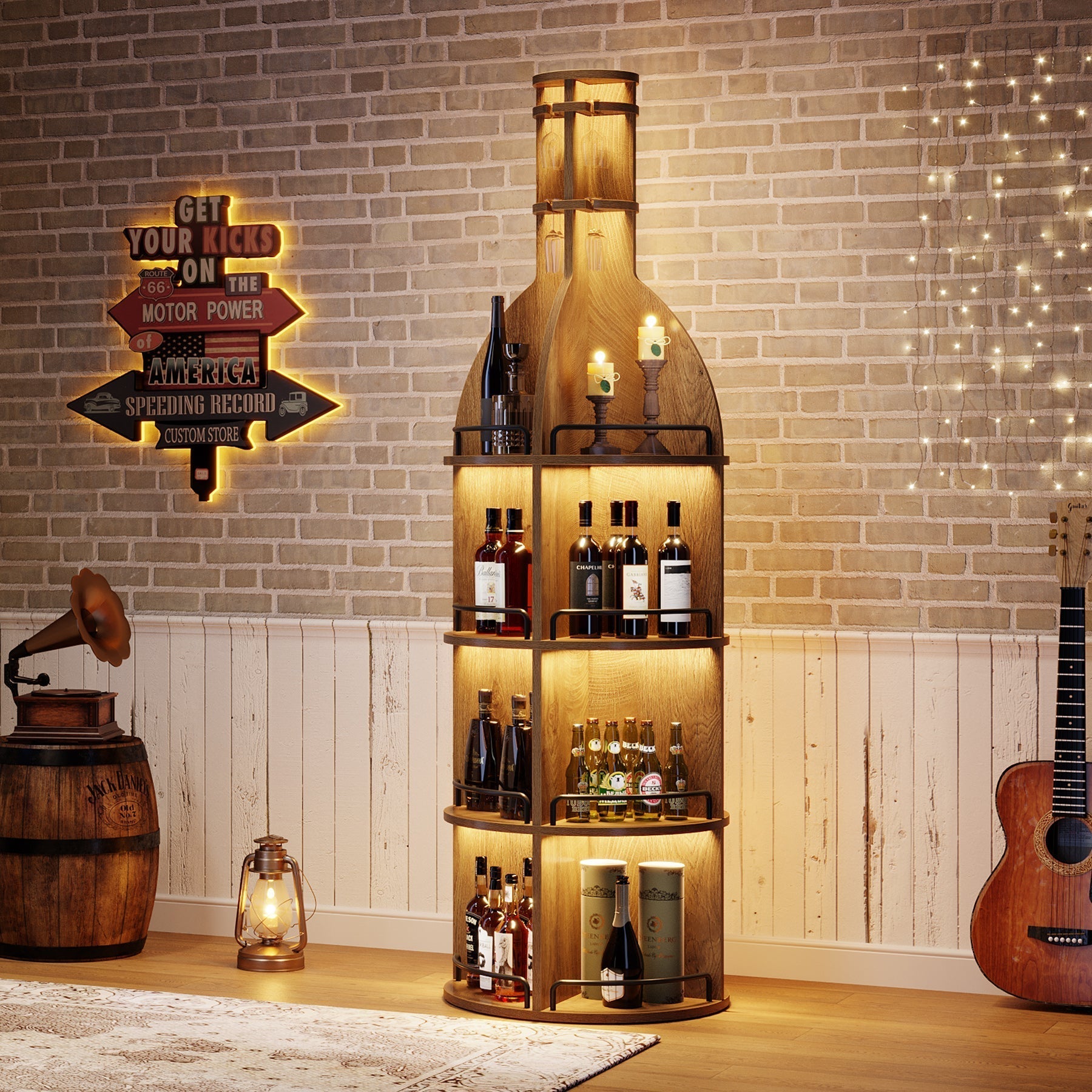 Casier à vin de 190 cm de haut avec étagères de rangement, Meuble à vin rond de style industriel avec porte-verres