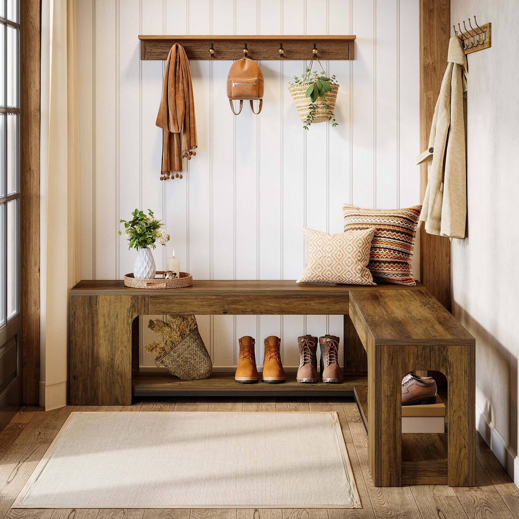 Tribesigns Banc d’Angle en L 120 cm avec Coussin, Style Rustique avec Rangement à Chaussures