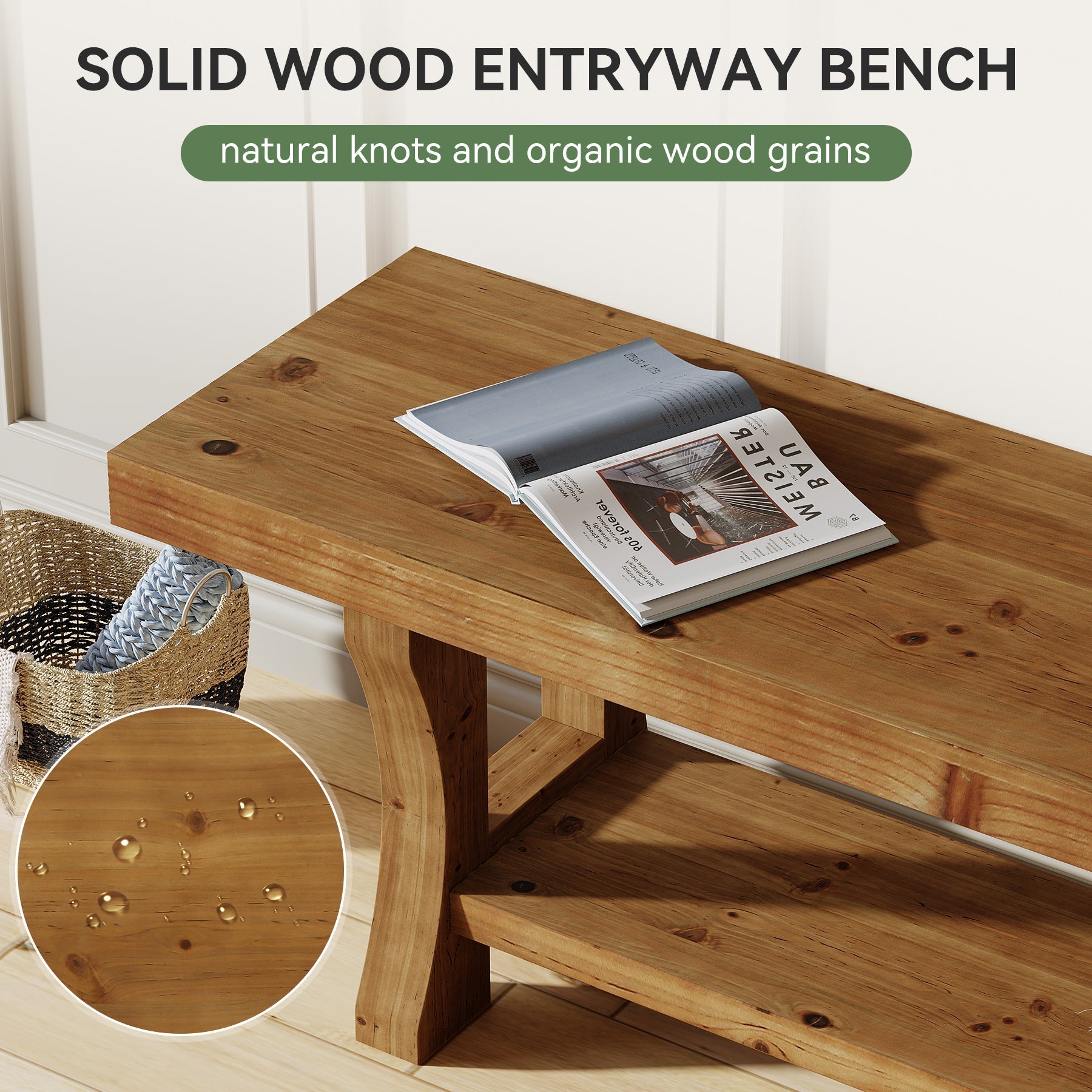 Banc en bois massif de 140 cm, Long banc en bois de style campagnard avec rangement