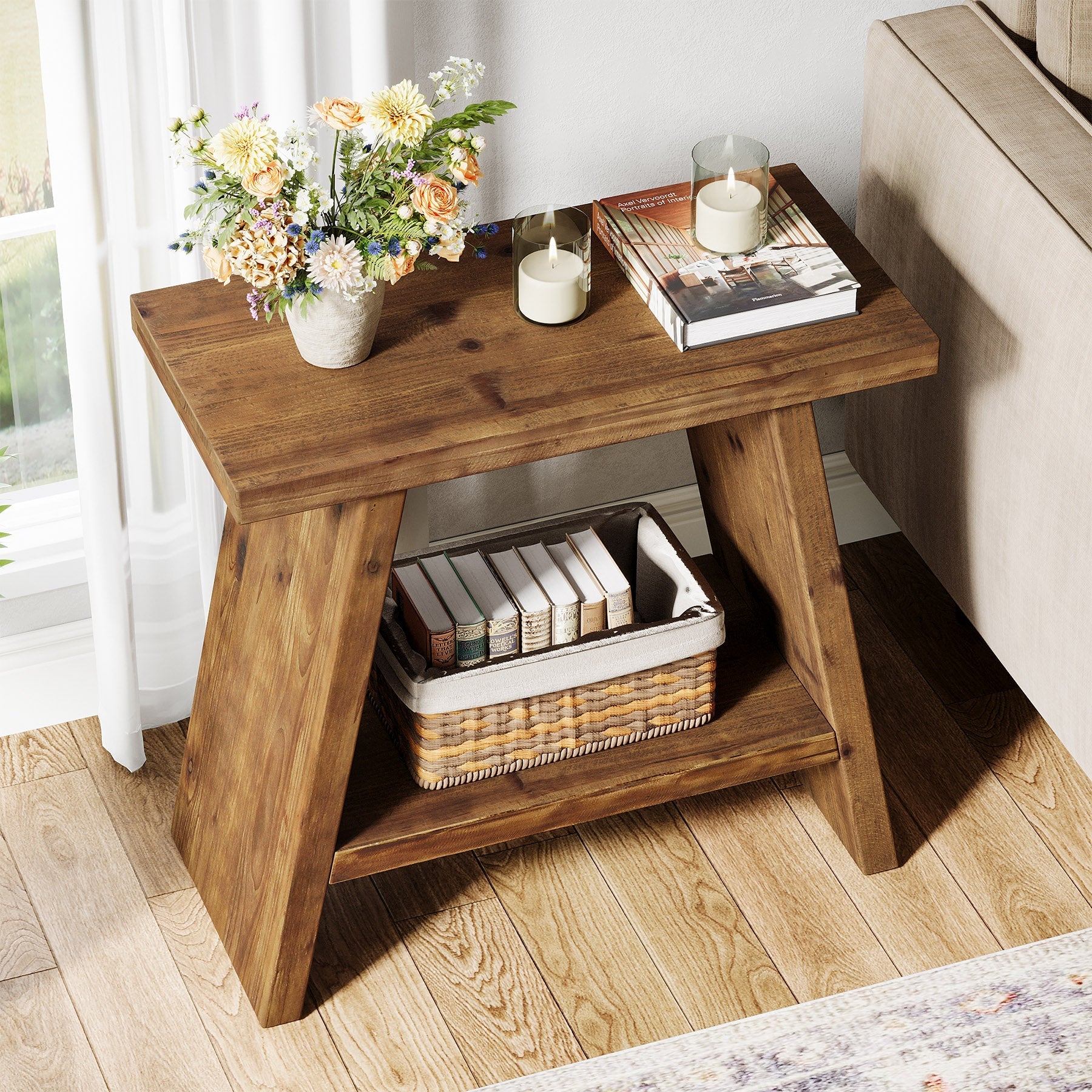 Table d'appoint étroite en bois massif (60 x 30 cm) avec rangement à 2 niveaux, Style rustique, idéale pour le salon et la chambre