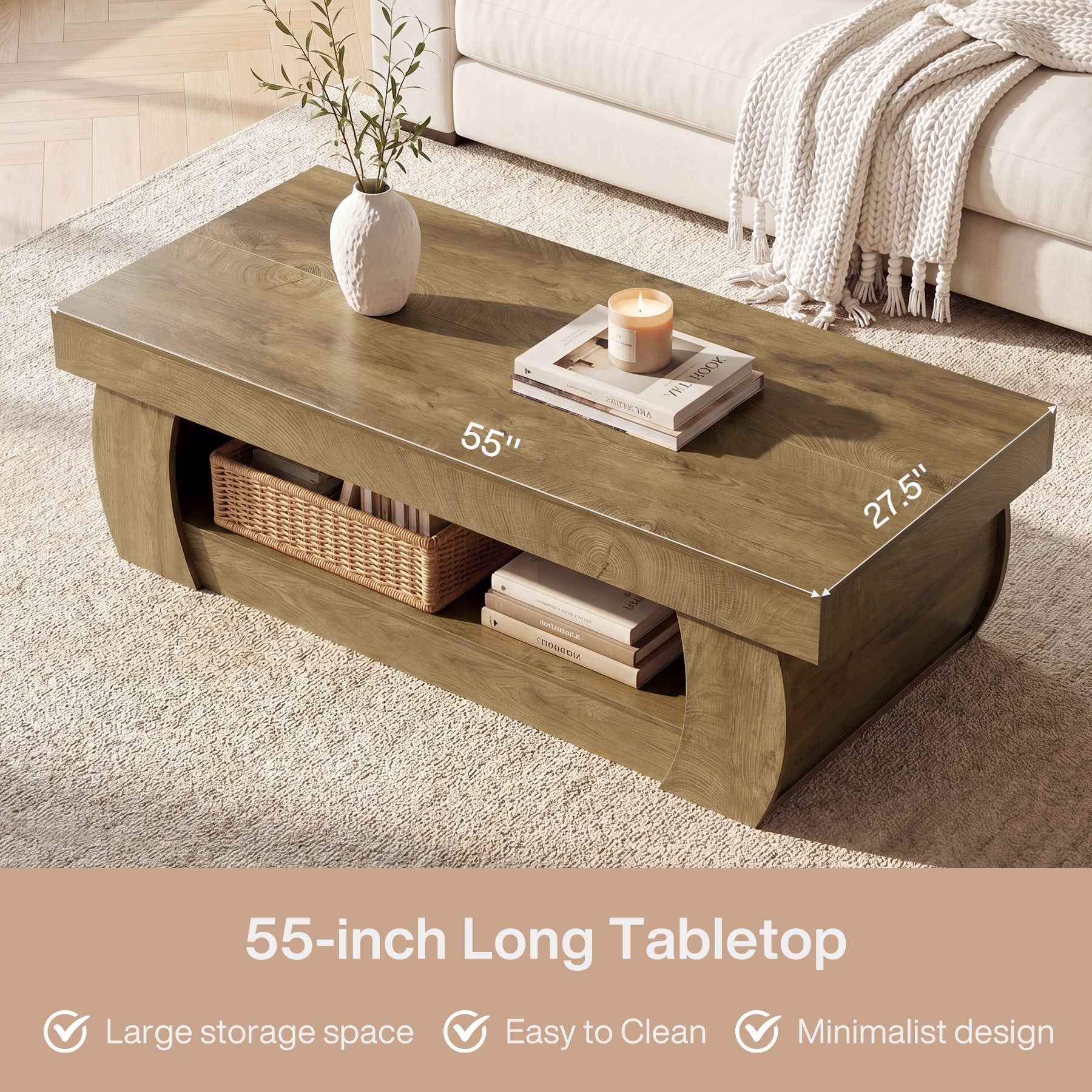 Tribesigns Table Basse Moderne de 140 cm avec Étagère Ouverte, Table Rectangulaire de Salon aux Côtés Courbés