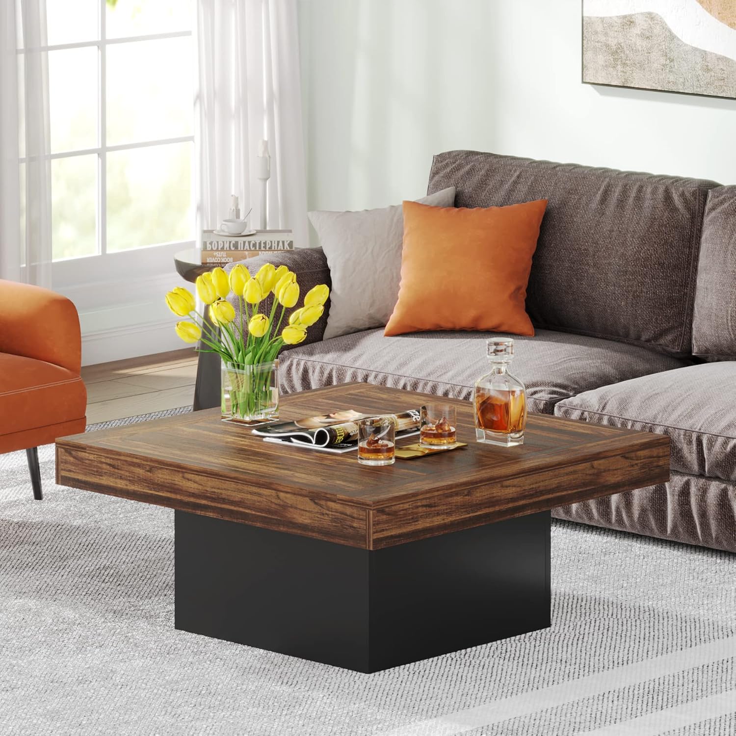 Tribesigns Table basse carrée 90 x 90 x 45 cm avec éclairage LED, Table basse moderne en bois pour salon