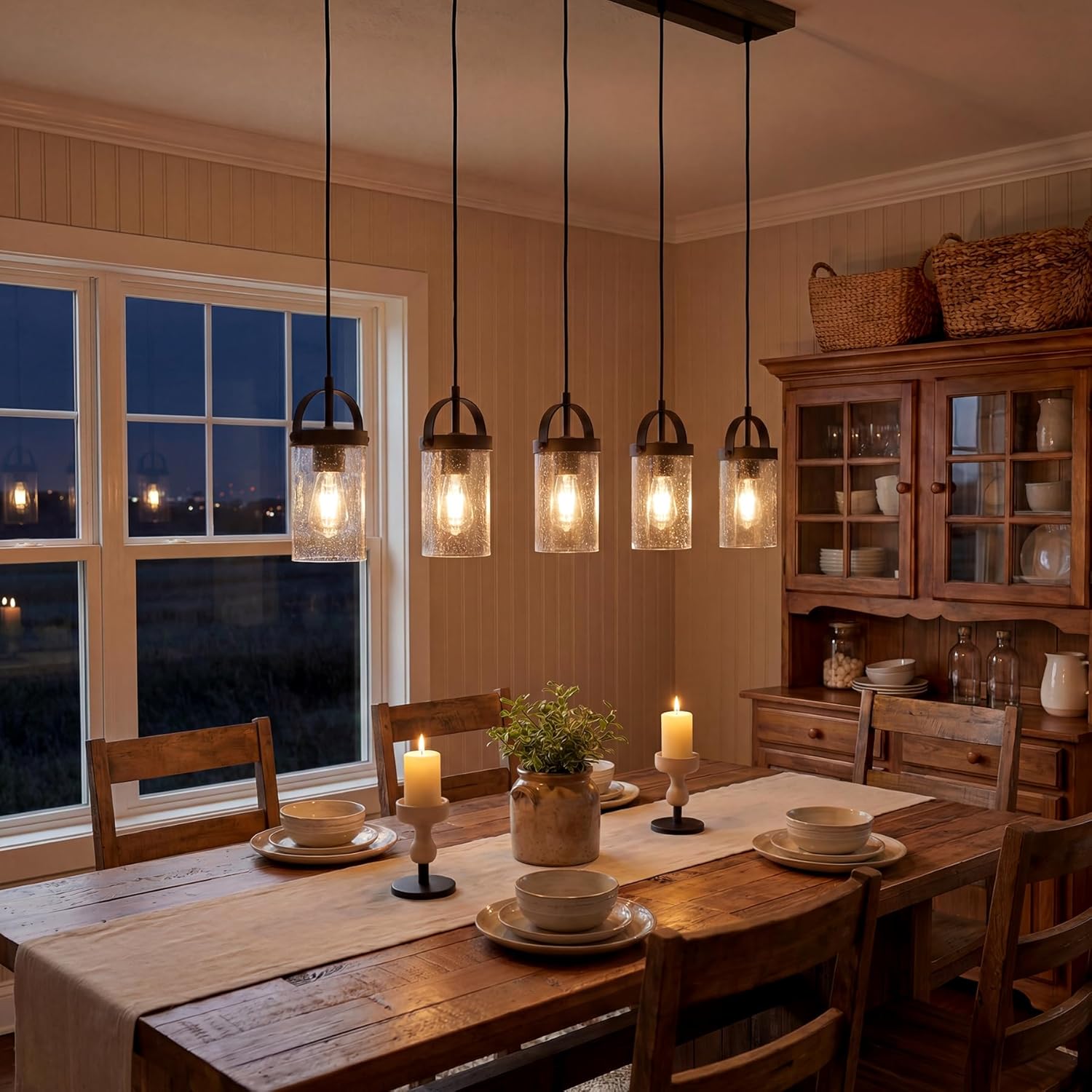 Tribesigns Lustre Linéaire Noir à 5 Lumières, Suspension pour Îlot de Cuisine avec Abat-Jour en Verre Soufflé, Hauteur Réglable, Culot E27