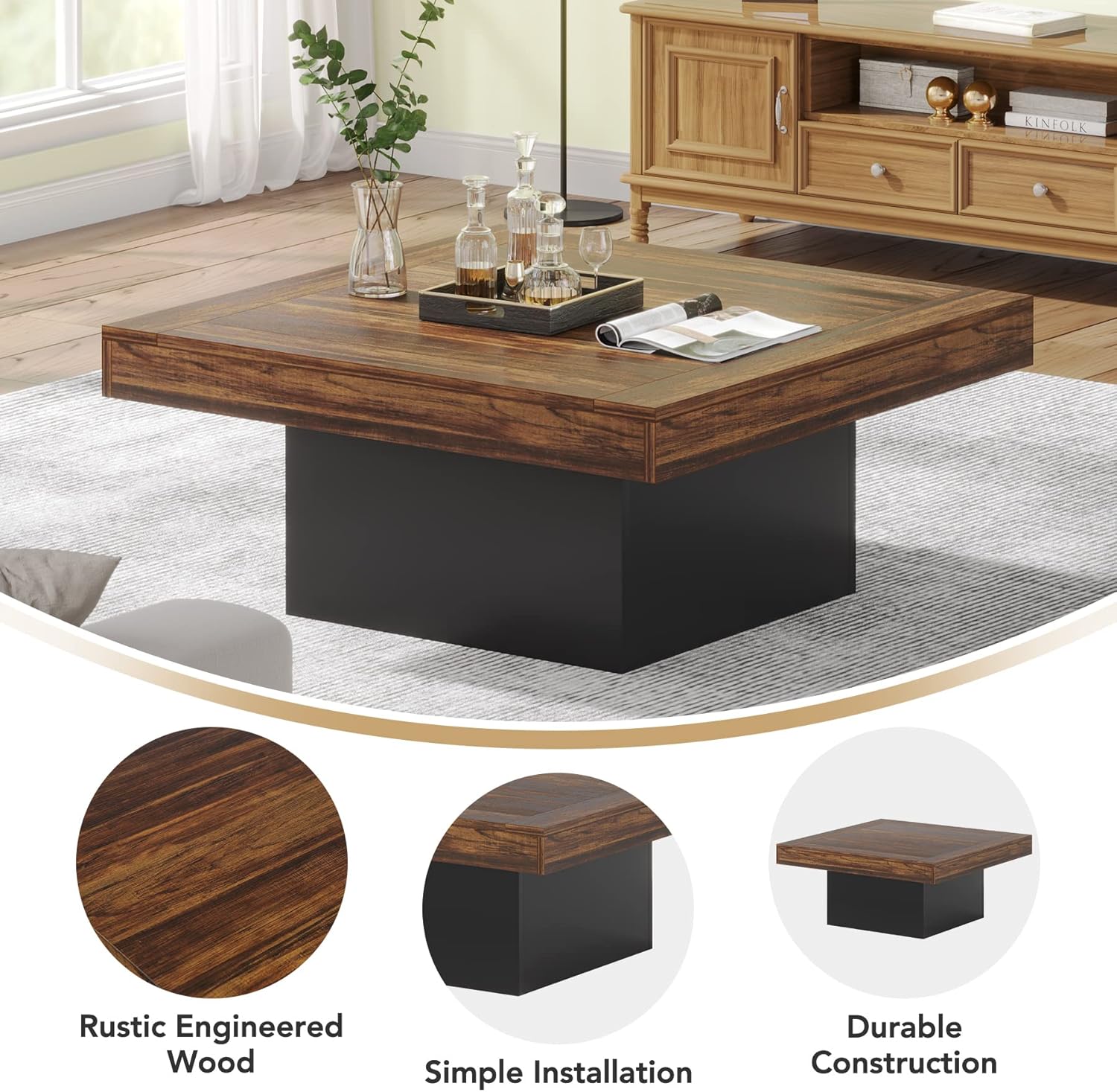 Tribesigns Table basse carrée 90 x 90 x 45 cm avec éclairage LED, Table basse moderne en bois pour salon