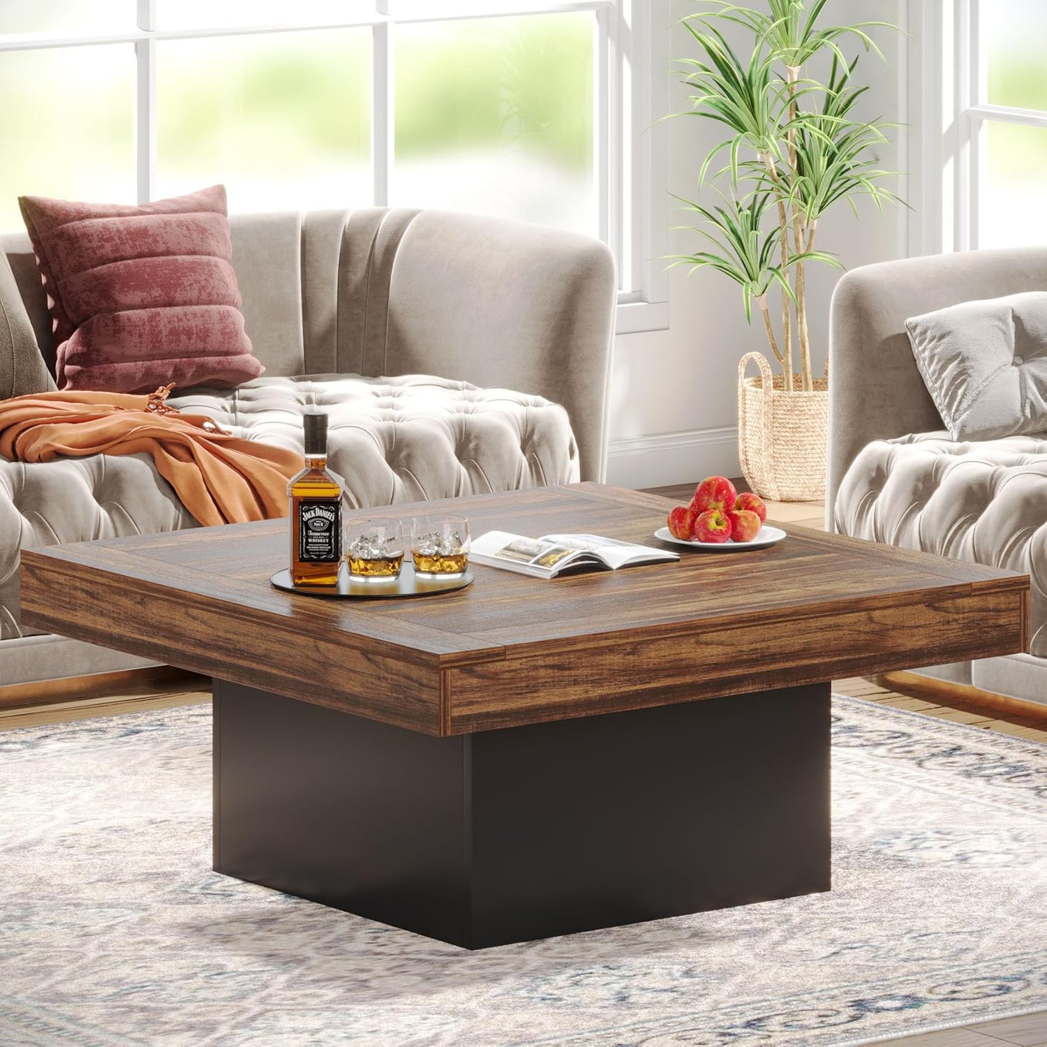 Tribesigns Table basse carrée 90 x 90 x 45 cm avec éclairage LED, Table basse moderne en bois pour salon