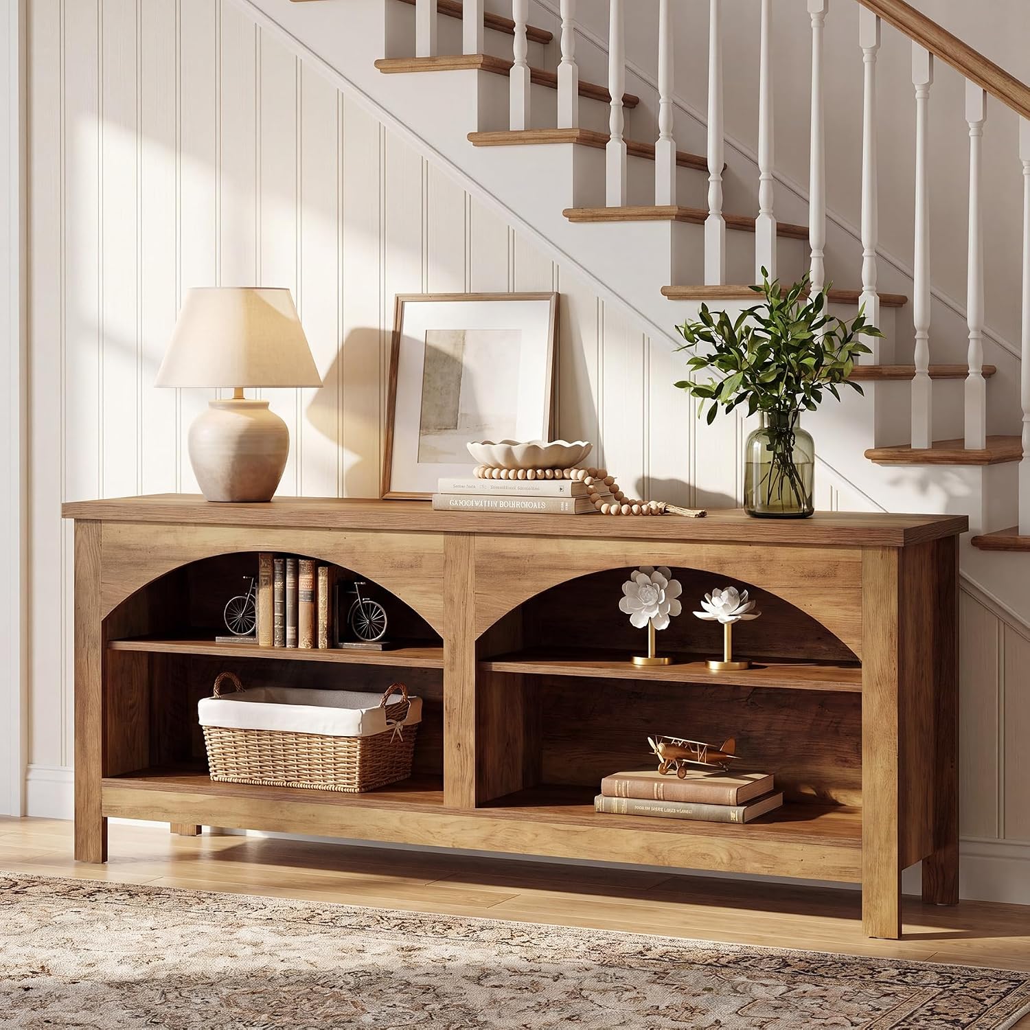 Meuble TV de 160 cm, Système de divertissement de style campagnard avec étagère à 2 niveaux