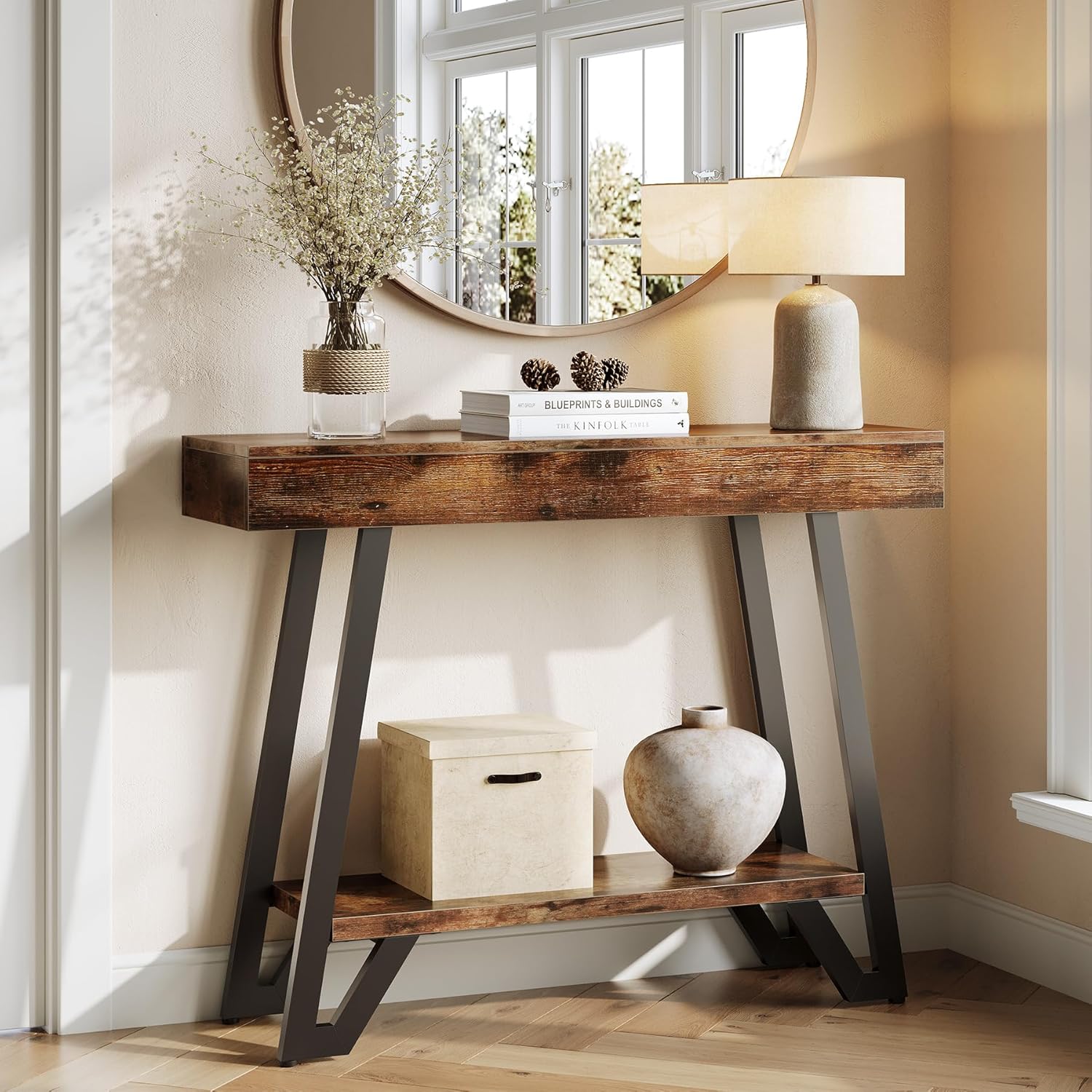 Tribesigns Console de style industriel rustique, Étagère à deux niveaux avec structure métallique pour entrée et salon