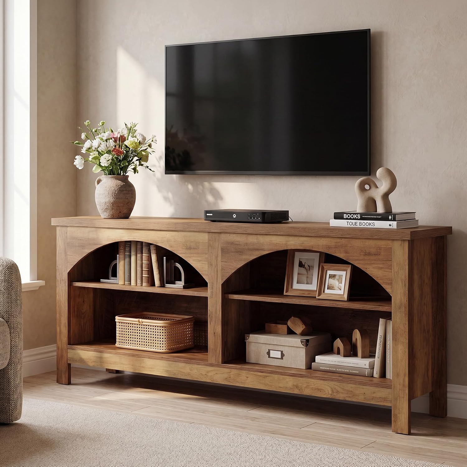 Meuble TV de 160 cm, Système de divertissement de style campagnard avec étagère à 2 niveaux