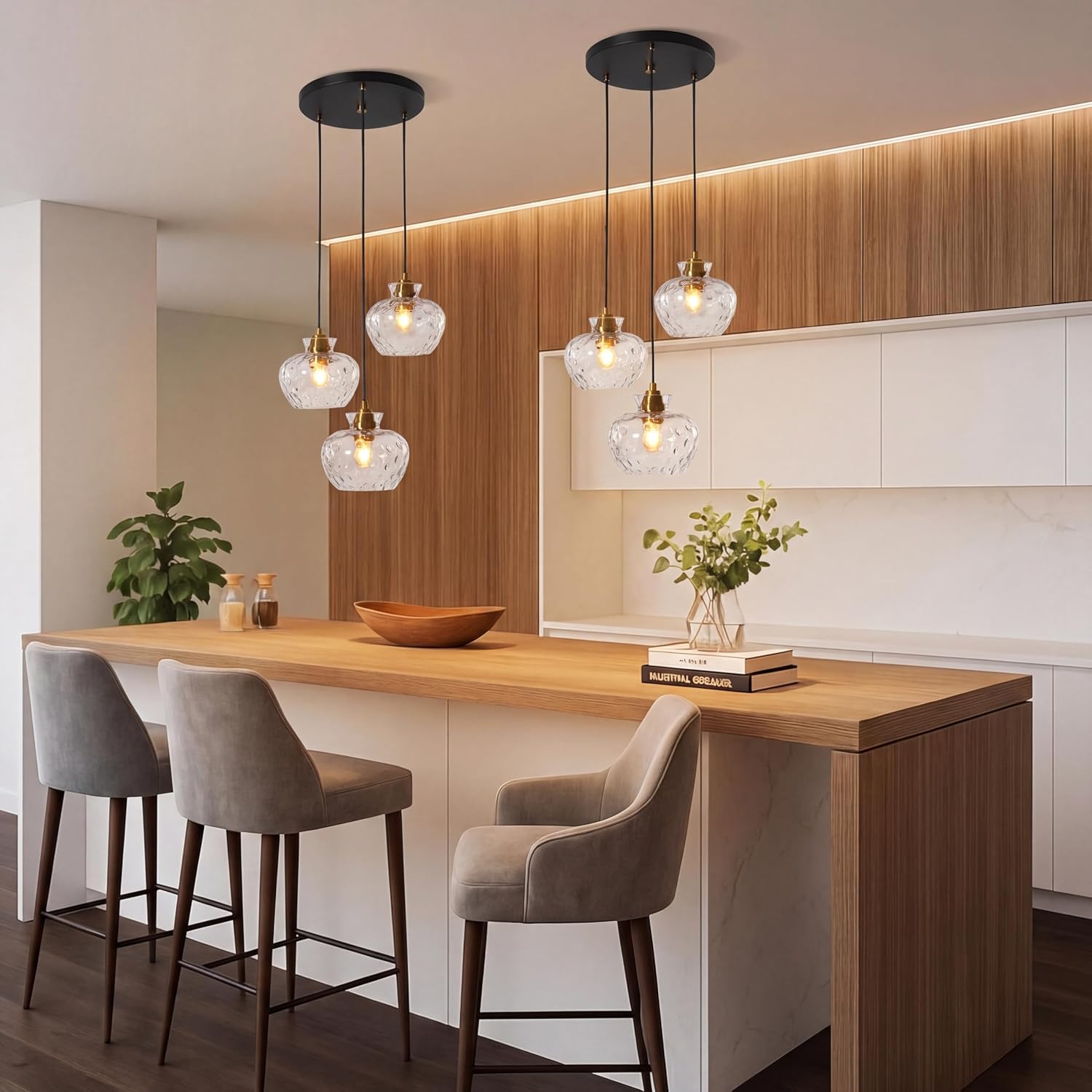 Tribesigns Suspension 3 Lumières, Lustre de Salle à Manger avec Abat-Jour en Verre Ondulé, Hauteur Réglable (Ampoules Non Incluses)