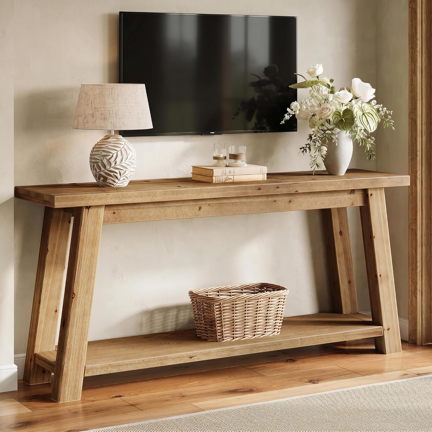Meuble TV bas en bois massif de 180 cm pour téléviseurs de 65 à 80 pouces, Meuble multimédia de style champêtre