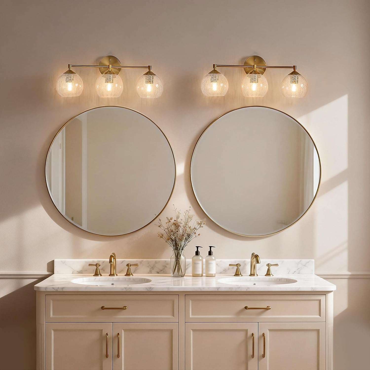 Tribesigns Applique murale dorée pour salle de bain à 3 lumières avec globes en verre craquelé