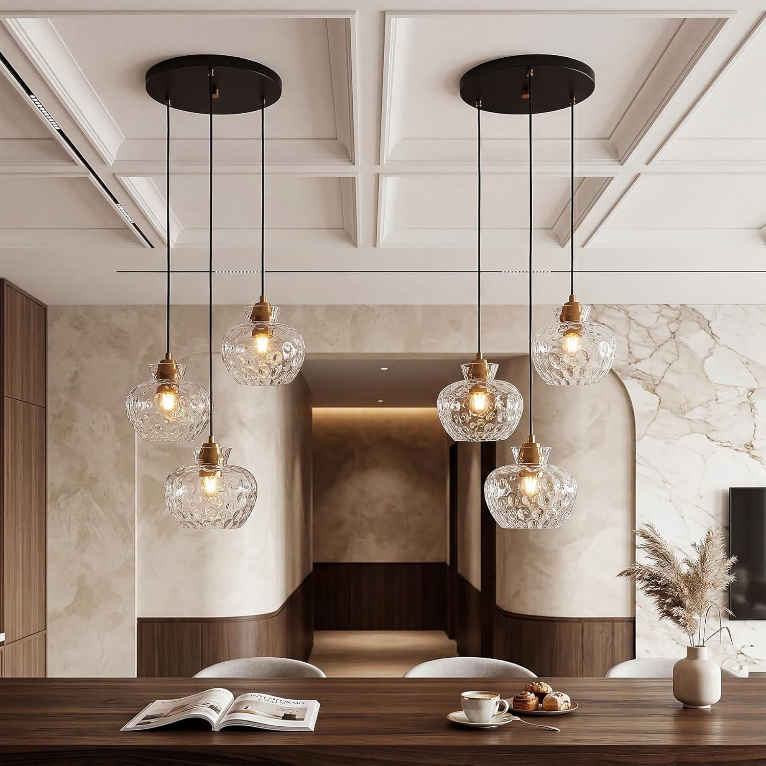 Tribesigns Suspension 3 Lumières, Lustre de Salle à Manger avec Abat-Jour en Verre Ondulé, Hauteur Réglable (Ampoules Non Incluses)