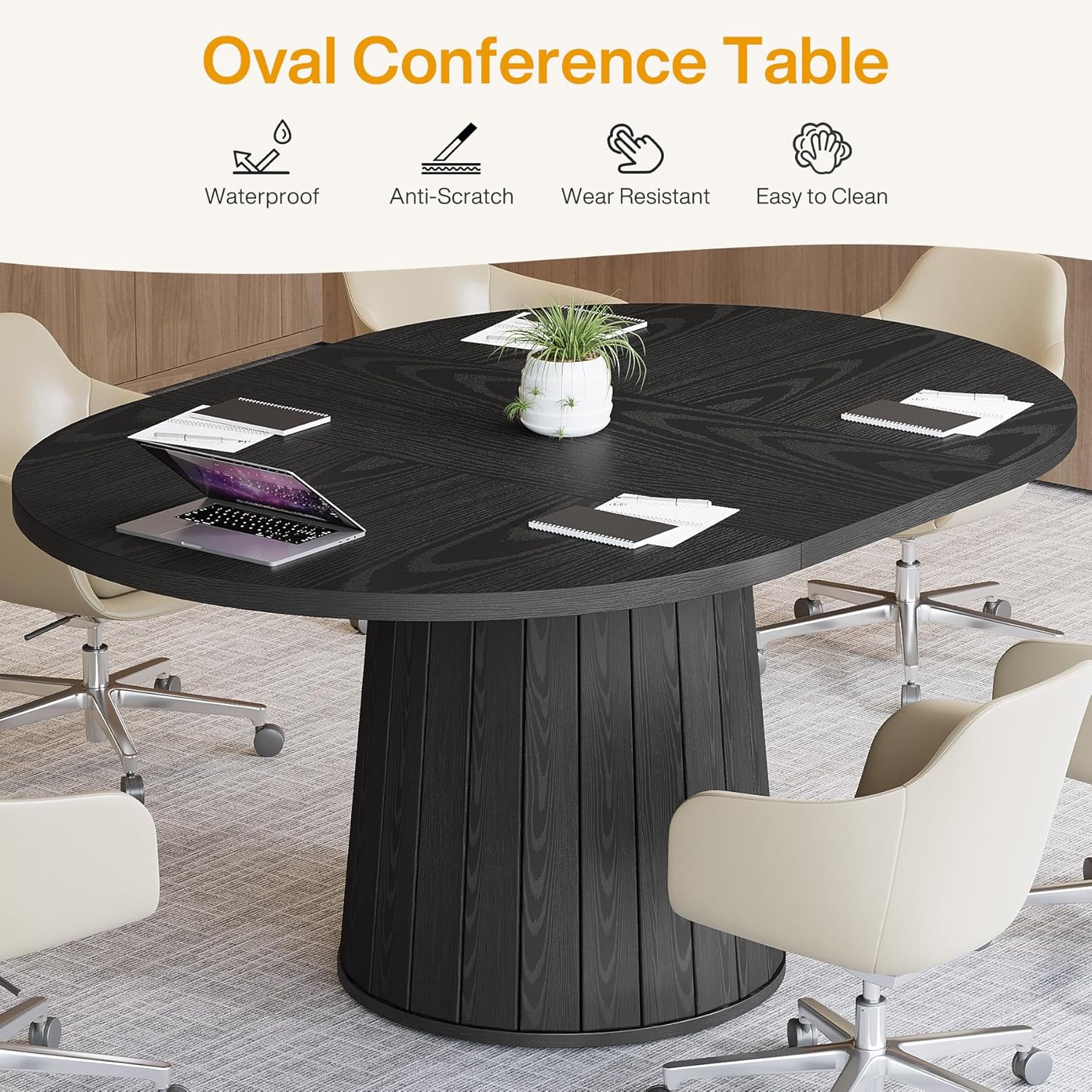 Tribesigns Table de conférence ovale 140 cm pour 6 personnes, Table de réunion en bois avec base stable noire