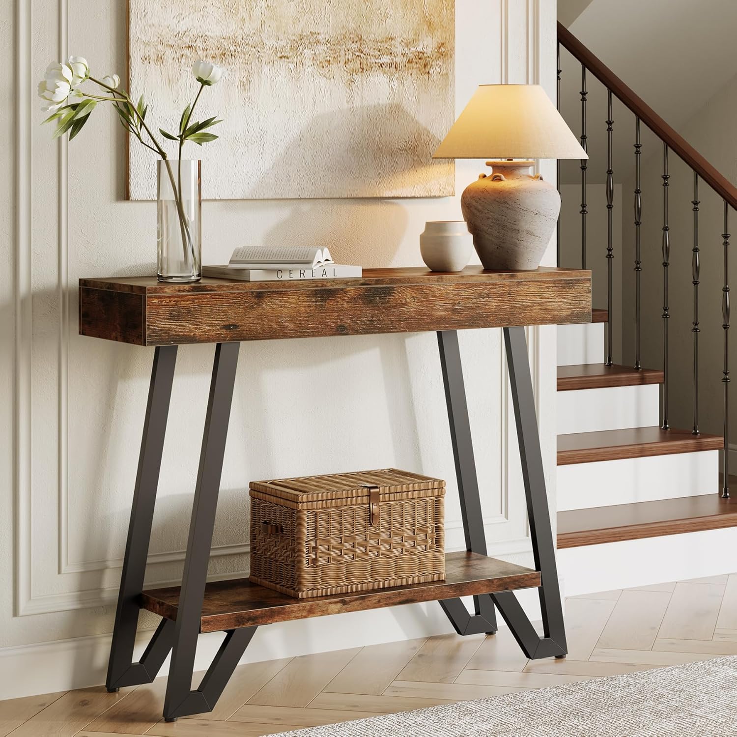 Tribesigns Console de style industriel rustique, Étagère à deux niveaux avec structure métallique pour entrée et salon