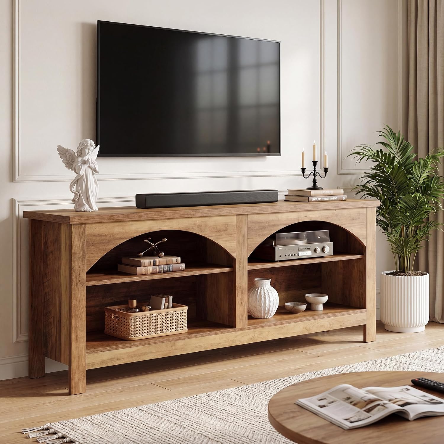 Meuble TV de 160 cm, Système de divertissement de style campagnard avec étagère à 2 niveaux