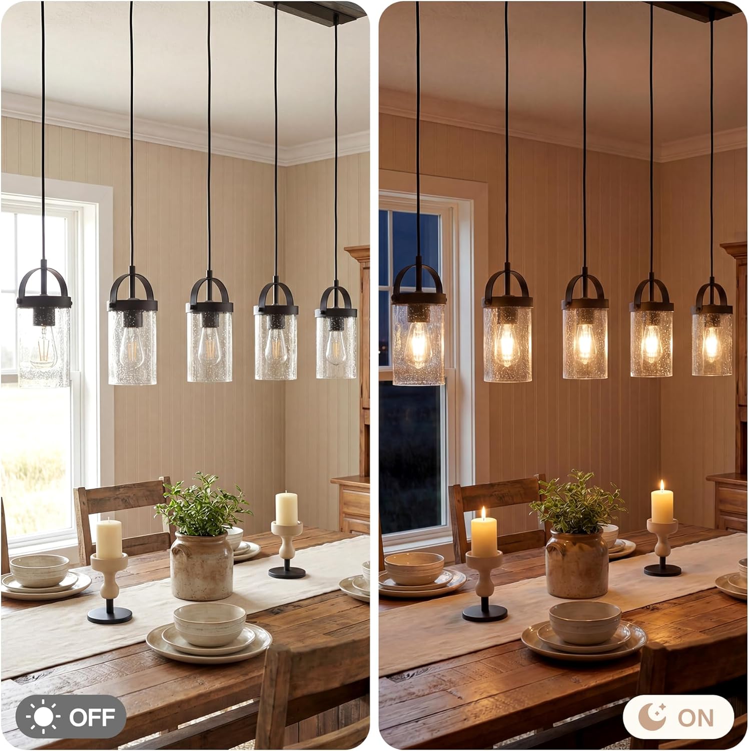 Tribesigns Lustre Linéaire Noir à 5 Lumières, Suspension pour Îlot de Cuisine avec Abat-Jour en Verre Soufflé, Hauteur Réglable, Culot E27