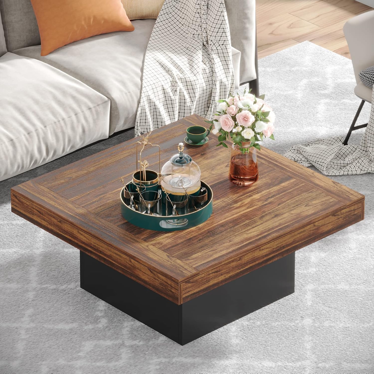 Tribesigns Table basse carrée 90 x 90 x 45 cm avec éclairage LED, Table basse moderne en bois pour salon